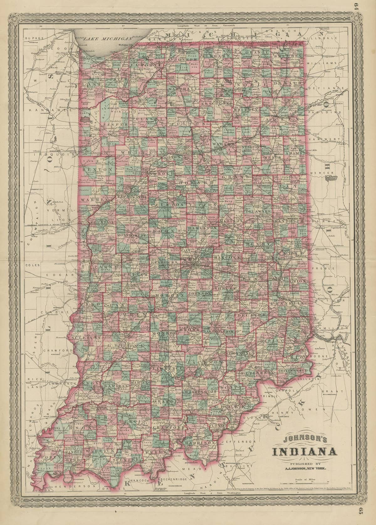 Antique Map of Indiana by Johnson, 1872