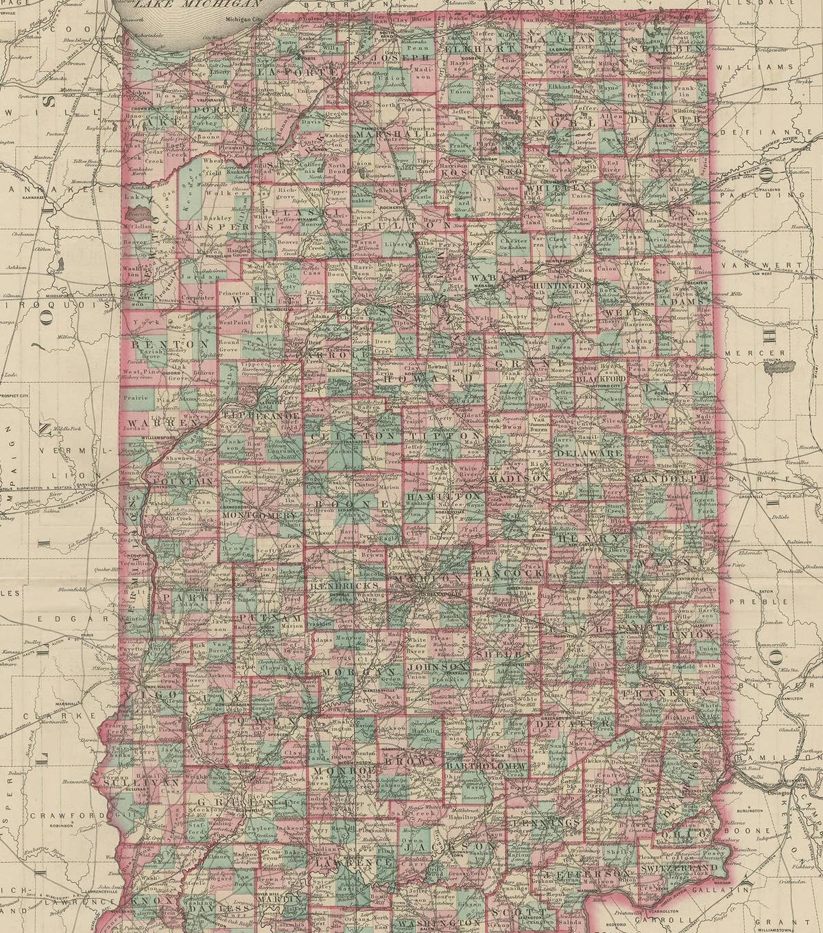 Antique Map of Indiana by Johnson, 1872