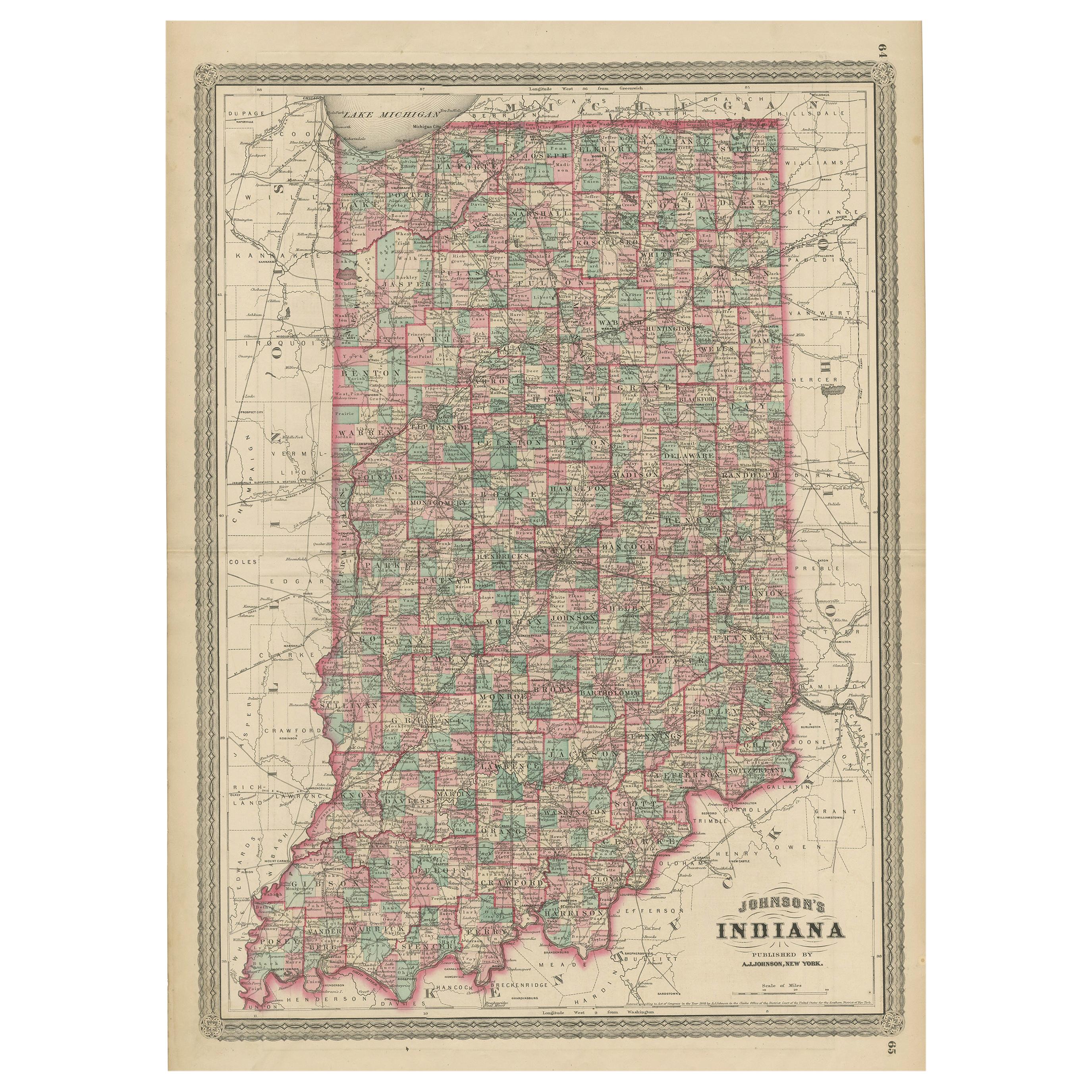 Antique Map of Indiana by Johnson, 1872 For Sale