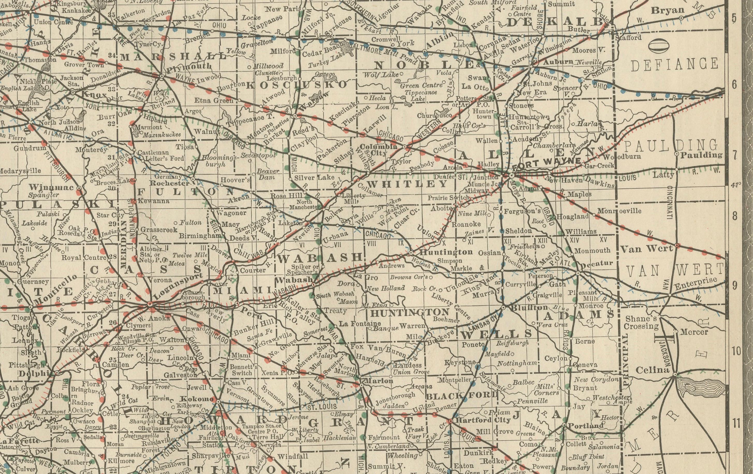 Antique Map of Indiana – The Hoosier State with Railroads & Counties, 1888

This antique engraved map of Indiana, published in 1888 by Rand, McNally & Co. in Chicago for their *Improved Indexed Business Atlas and Shippers Guide*, provides a detailed