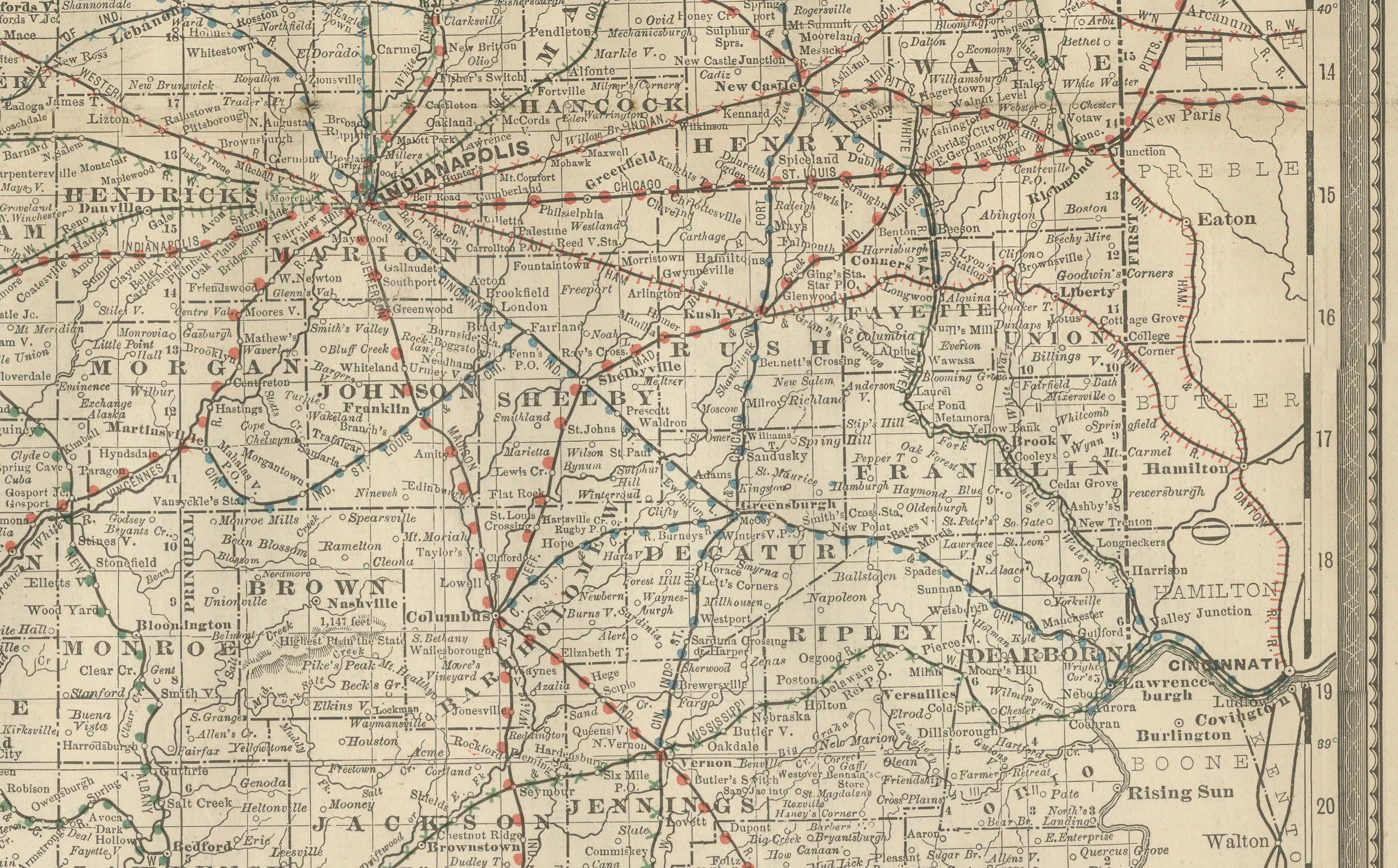 American Antique Map of Indiana – The Hoosier State with Railroads & Counties, 1888 For Sale