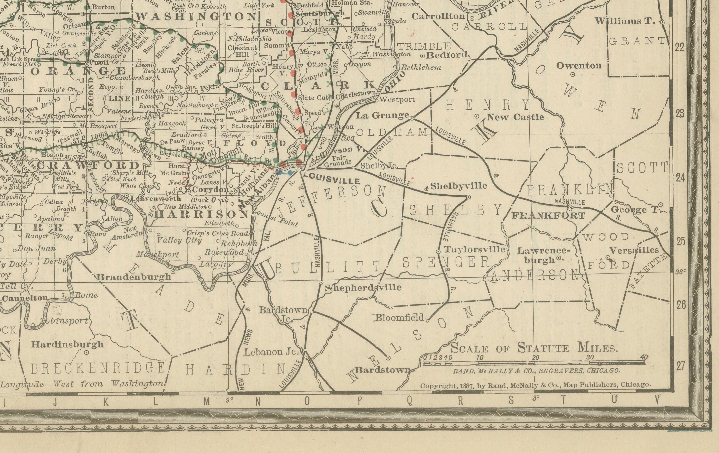 Engraved Antique Map of Indiana – The Hoosier State with Railroads & Counties, 1888 For Sale