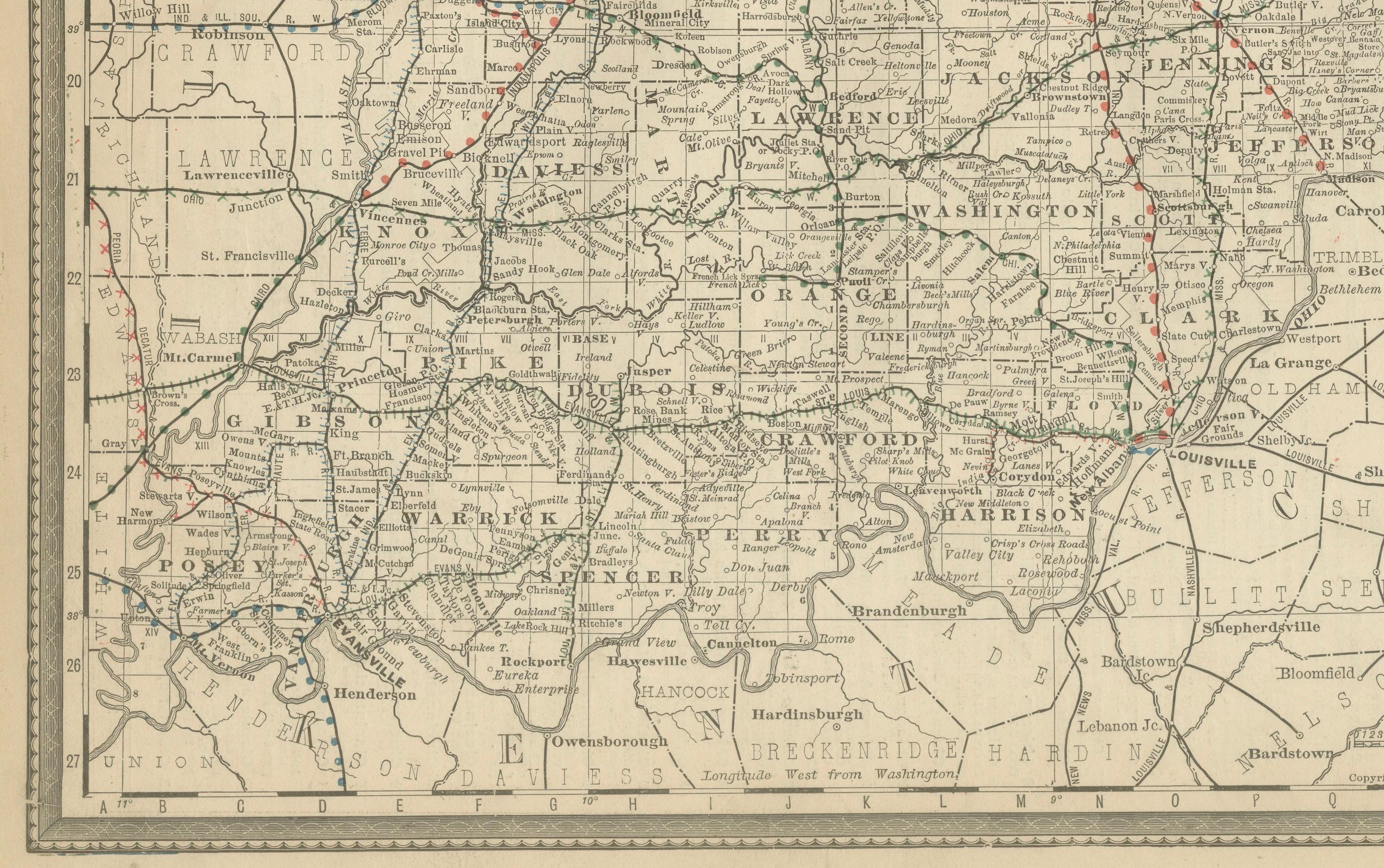 Antique Map of Indiana – The Hoosier State with Railroads & Counties, 1888 In Good Condition For Sale In Langweer, NL