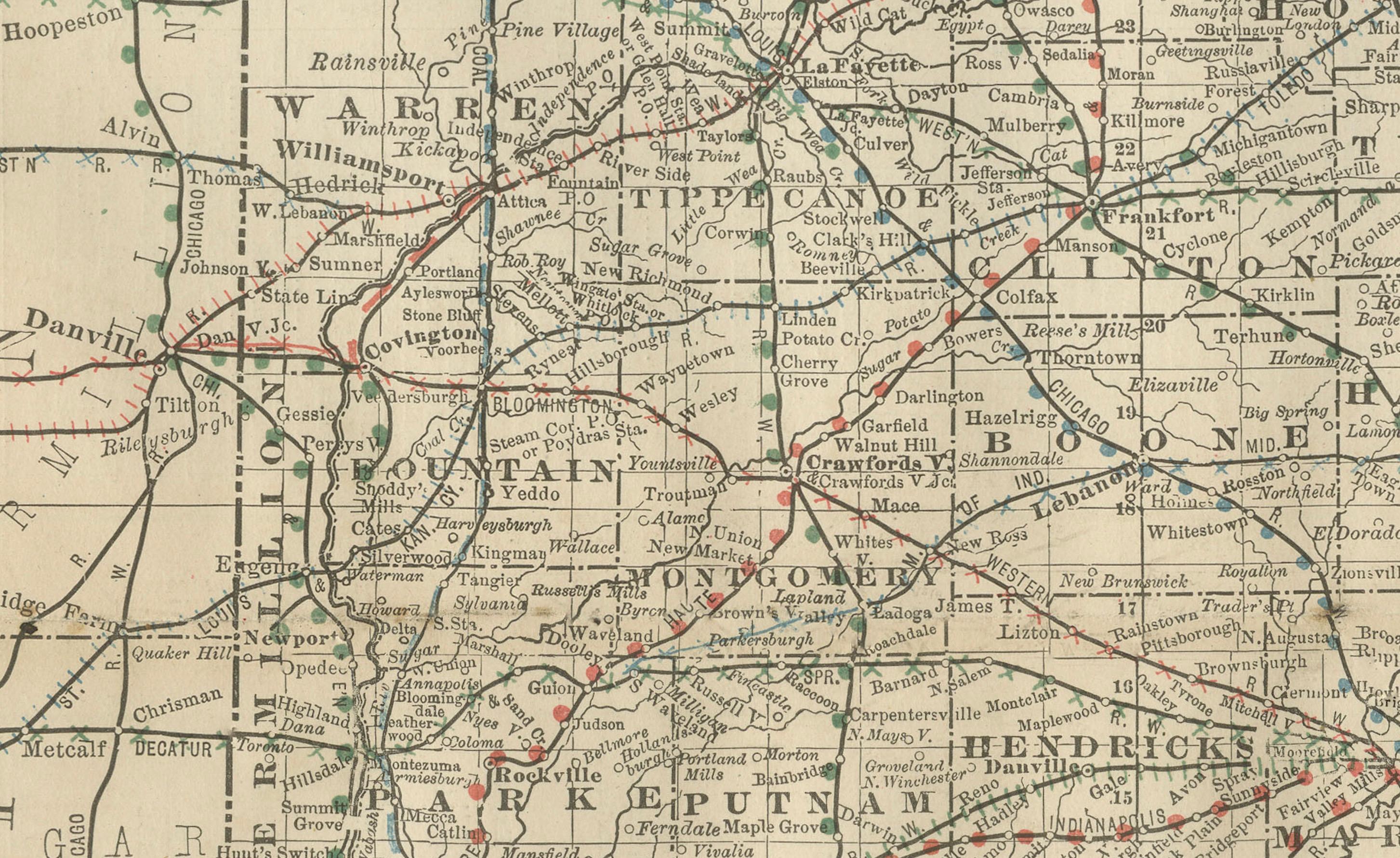 19th Century Antique Map of Indiana – The Hoosier State with Railroads & Counties, 1888 For Sale