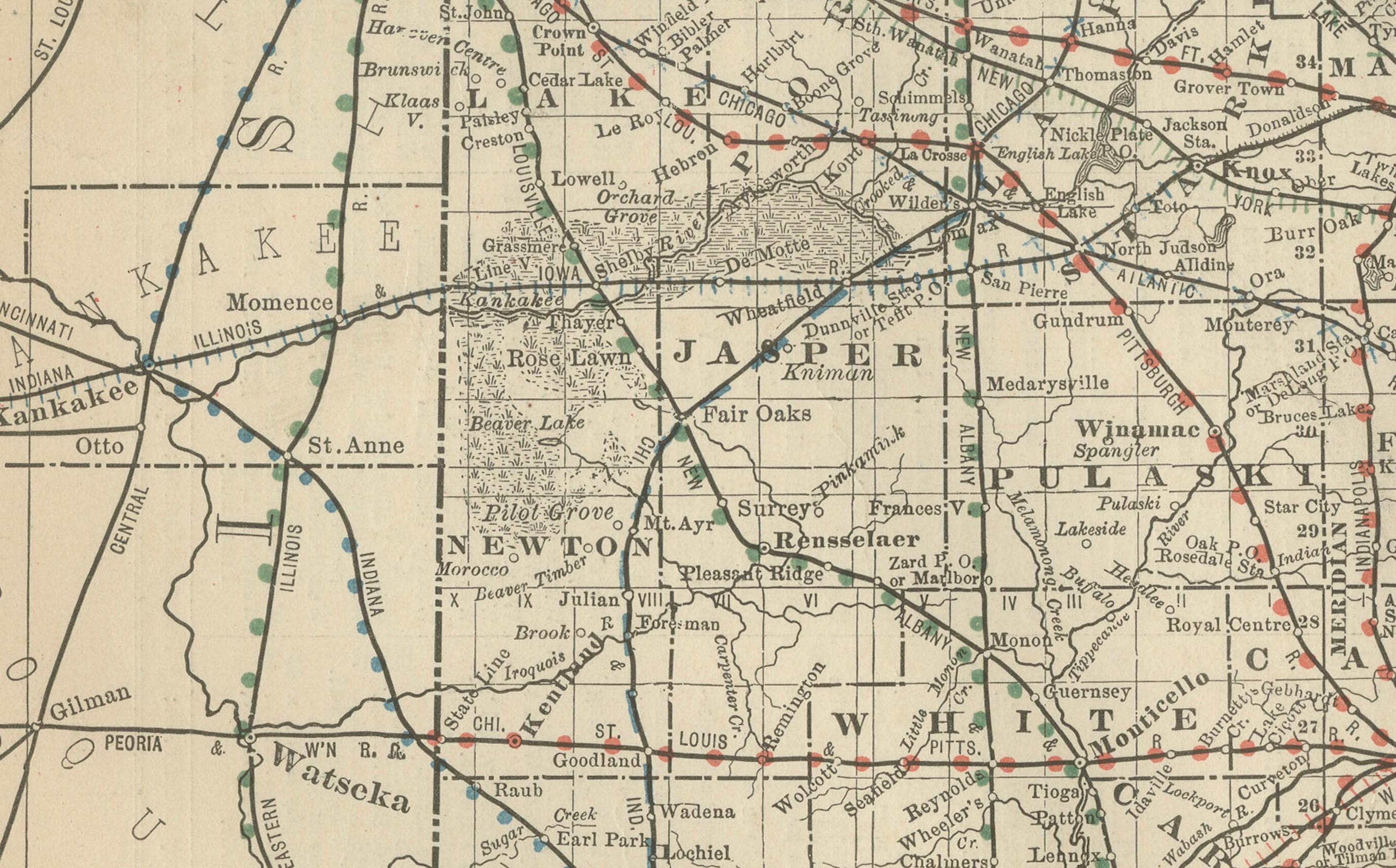 Paper Antique Map of Indiana – The Hoosier State with Railroads & Counties, 1888 For Sale