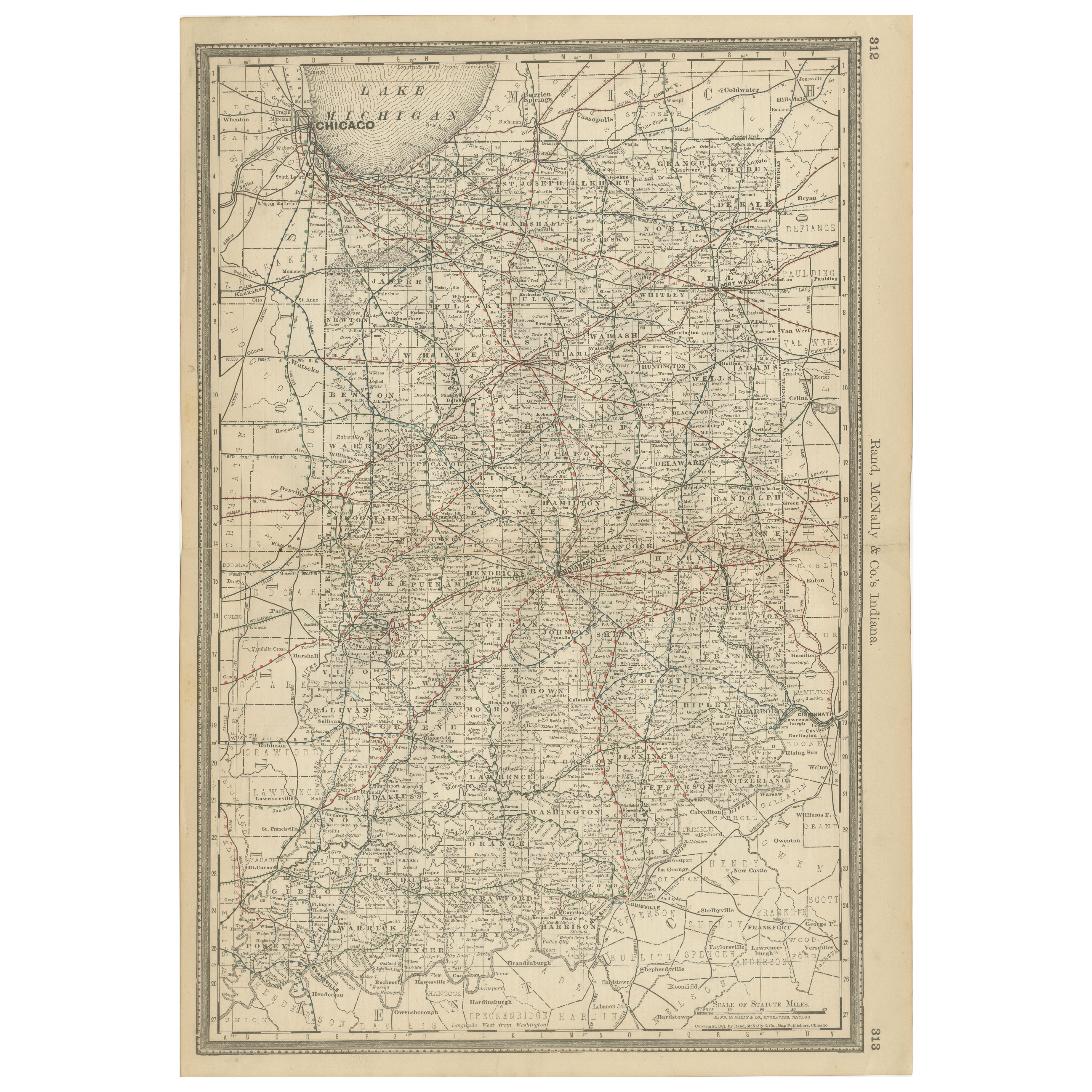 Antique Map of Indiana – The Hoosier State with Railroads & Counties, 1888