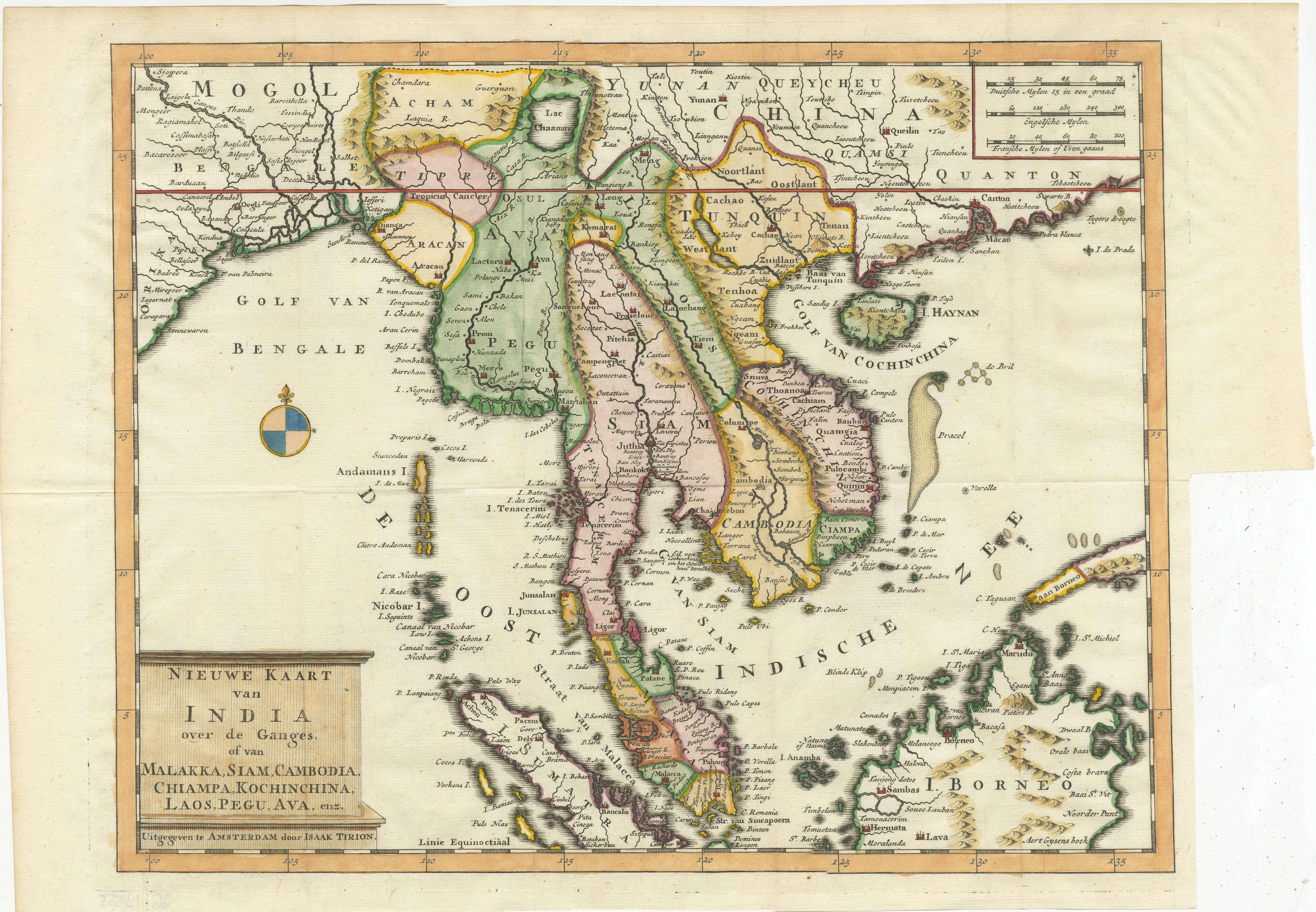 Antique map titled 'Nieuwe Kaart van India over de Ganges of van Malakka, Siam, Cambodia, Chiampa, Kochinchina, Laos, Pegu, Ava, enz'. Original old map of Indochina, the Malaysian Peninsula and the northern parts of Sumatra and Borneo. The mythical