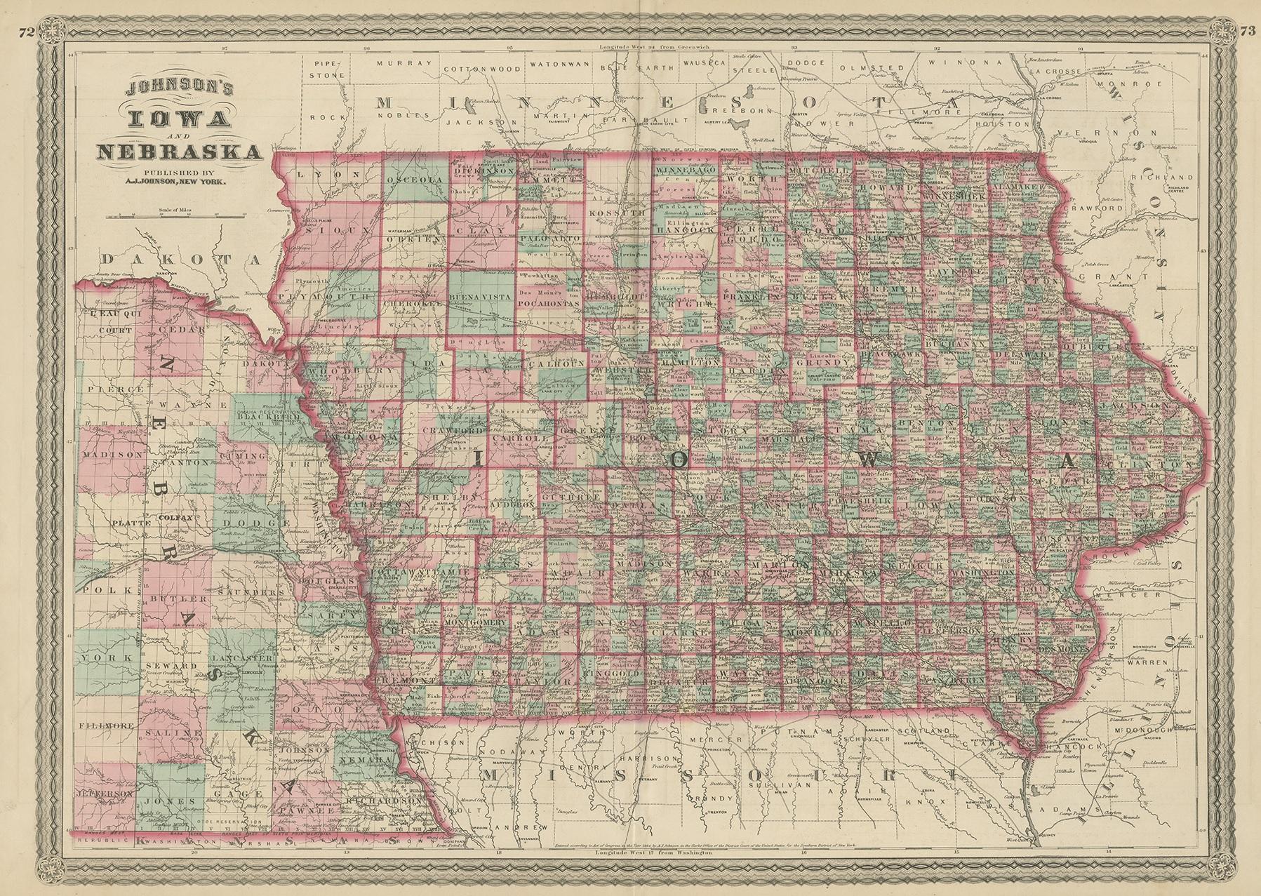 Antique map titled 'Johnson's Iowa and Nebraska'. Original map of Iowa and Nebraska. This map originates from 'Johnson's New Illustrated Family Atlas of the World' by A.J. Johnson. Published 1872.