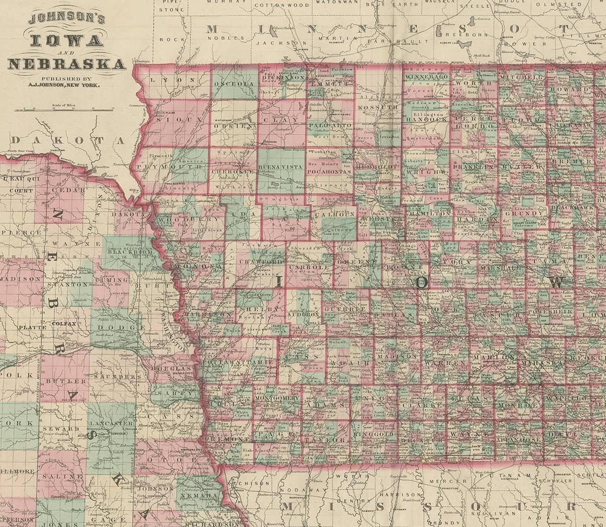 Antique Map of Iowa and Nebraska by Johnson, '1872'