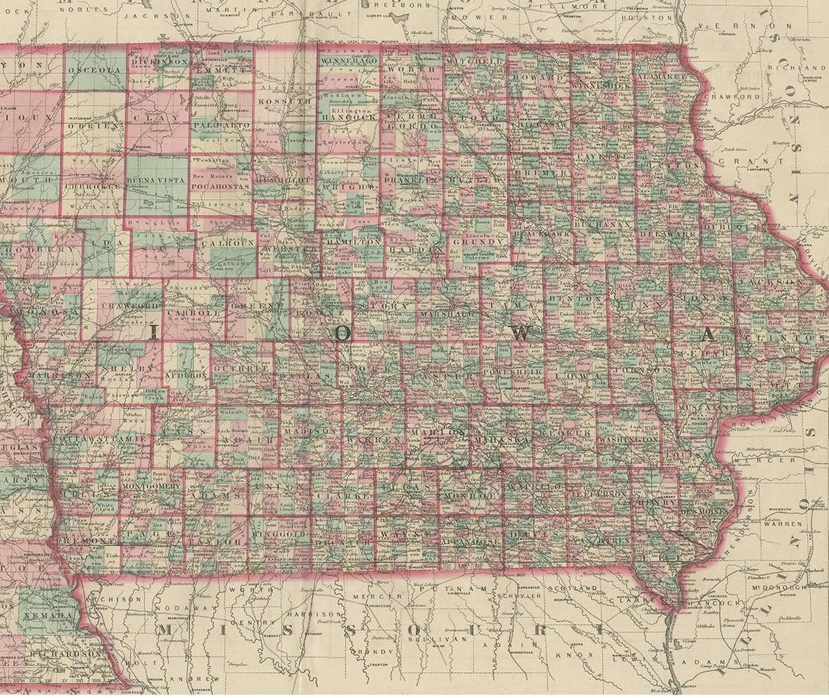 Antique Map of Iowa and Nebraska by Johnson, '1872'