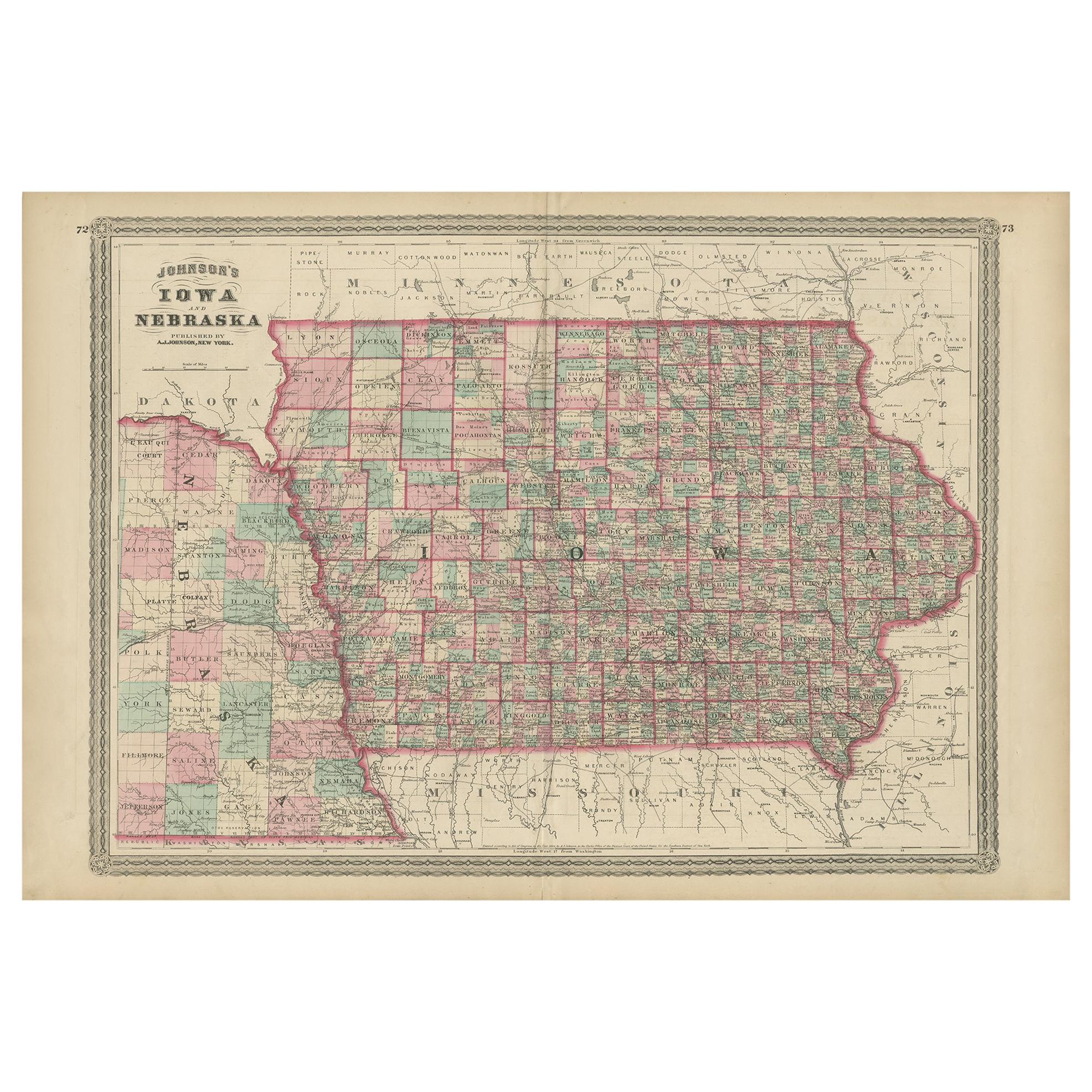 Antique Map of Iowa and Nebraska by Johnson, '1872' For Sale