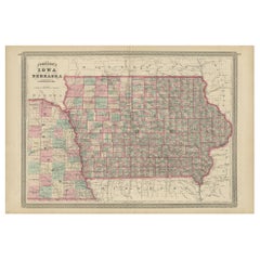 Carta geografica antica dell'Iowa e del Nebraska di Johnson, "1872