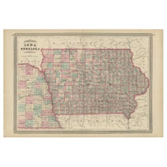 Antike Karte von Iowa und Nebraska von Johnson, 1872