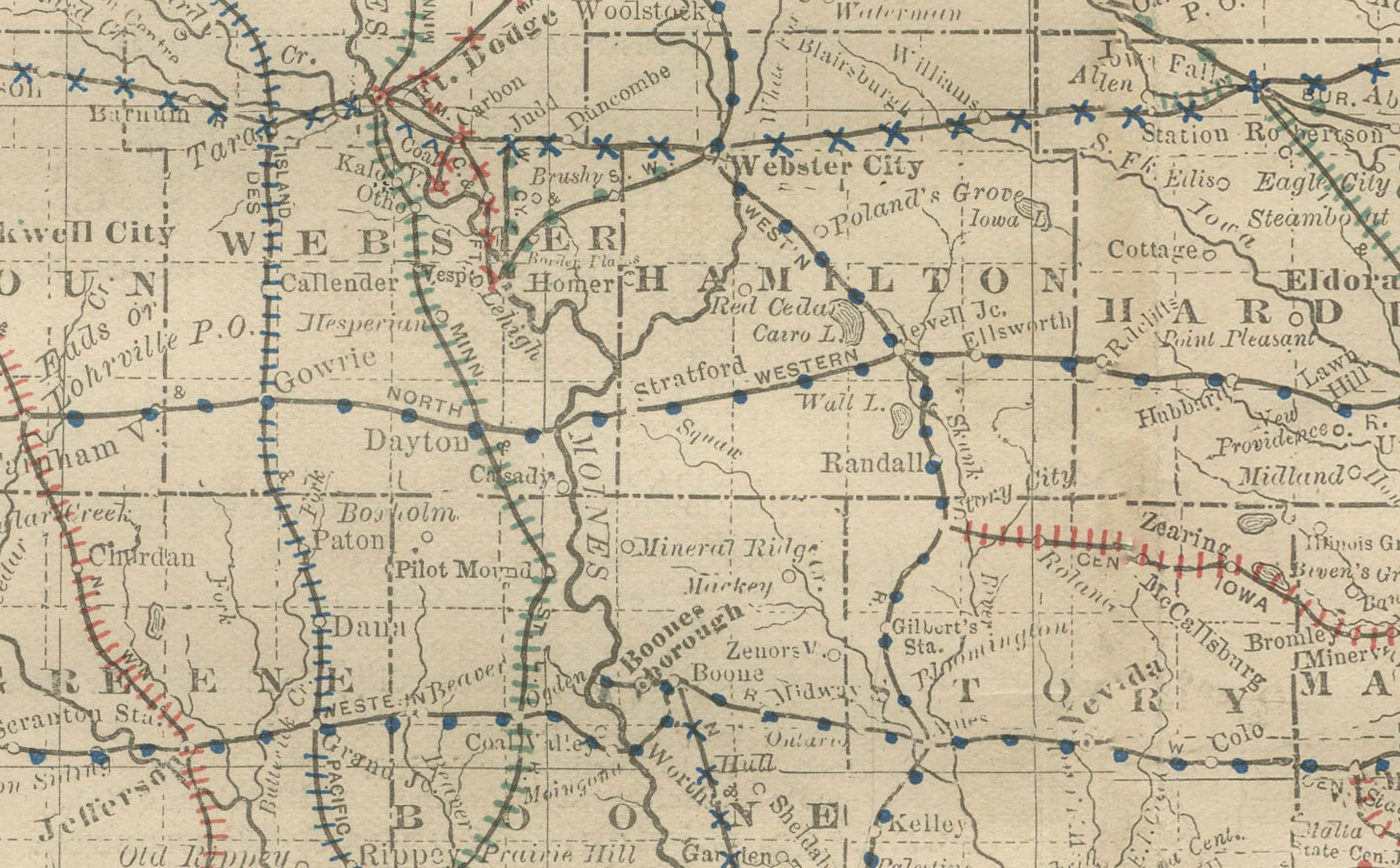 American Antique Map of Iowa – The Hawkeye State with Railroads & Townships, 1888 For Sale