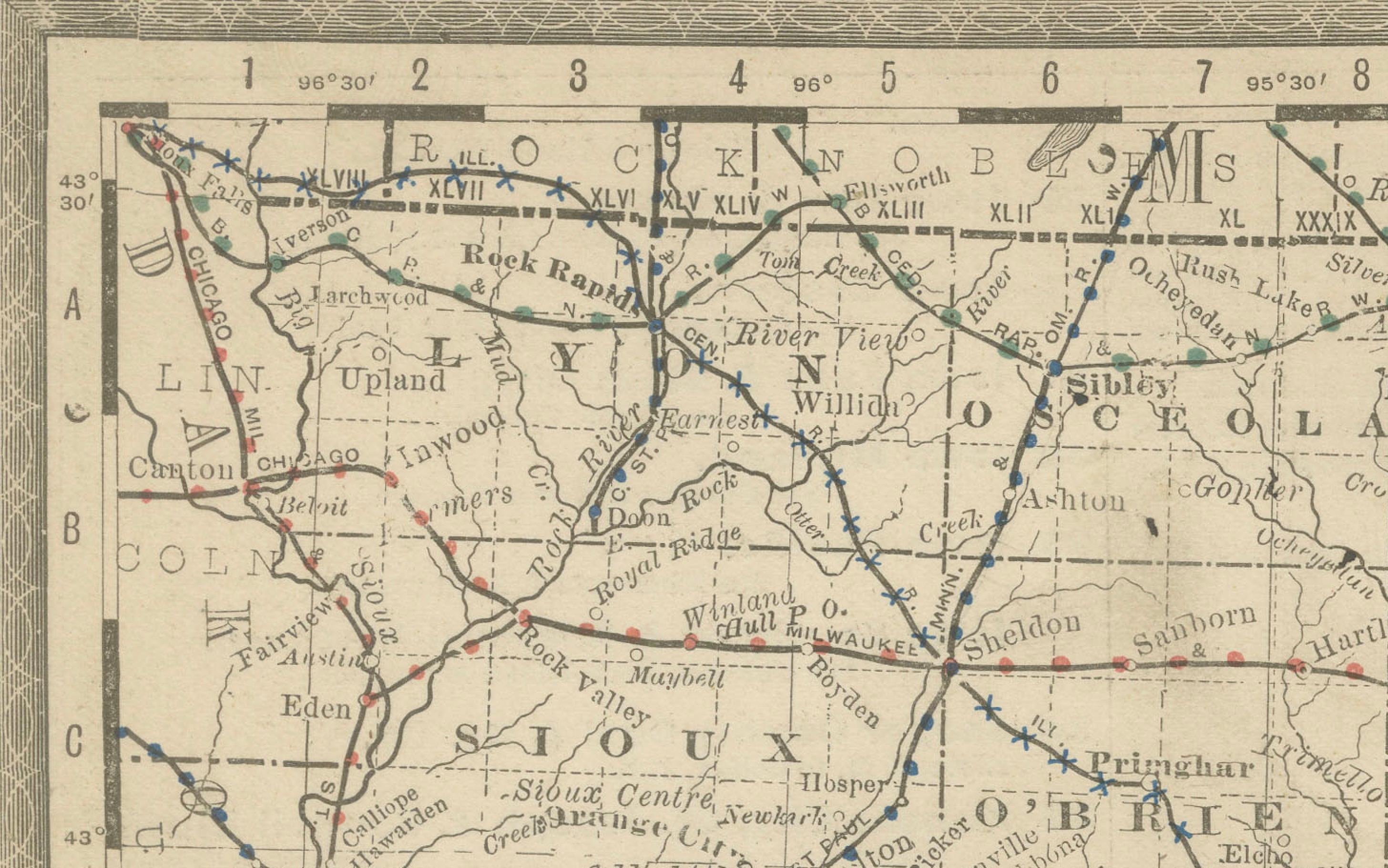 Antique Map of Iowa – The Hawkeye State with Railroads & Townships, 1888 In Good Condition For Sale In Langweer, NL