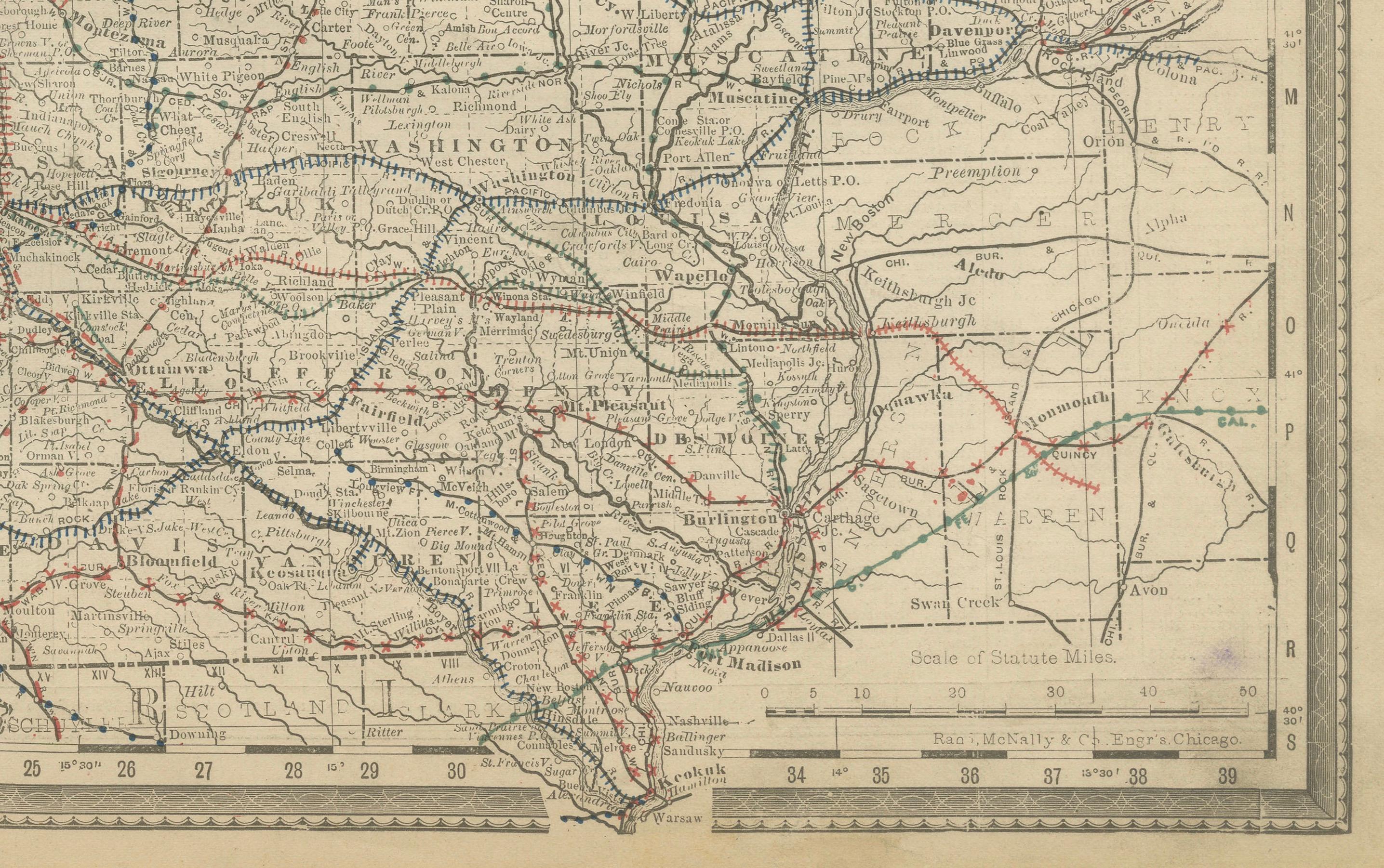 Paper Antique Map of Iowa – The Hawkeye State with Railroads & Townships, 1888 For Sale