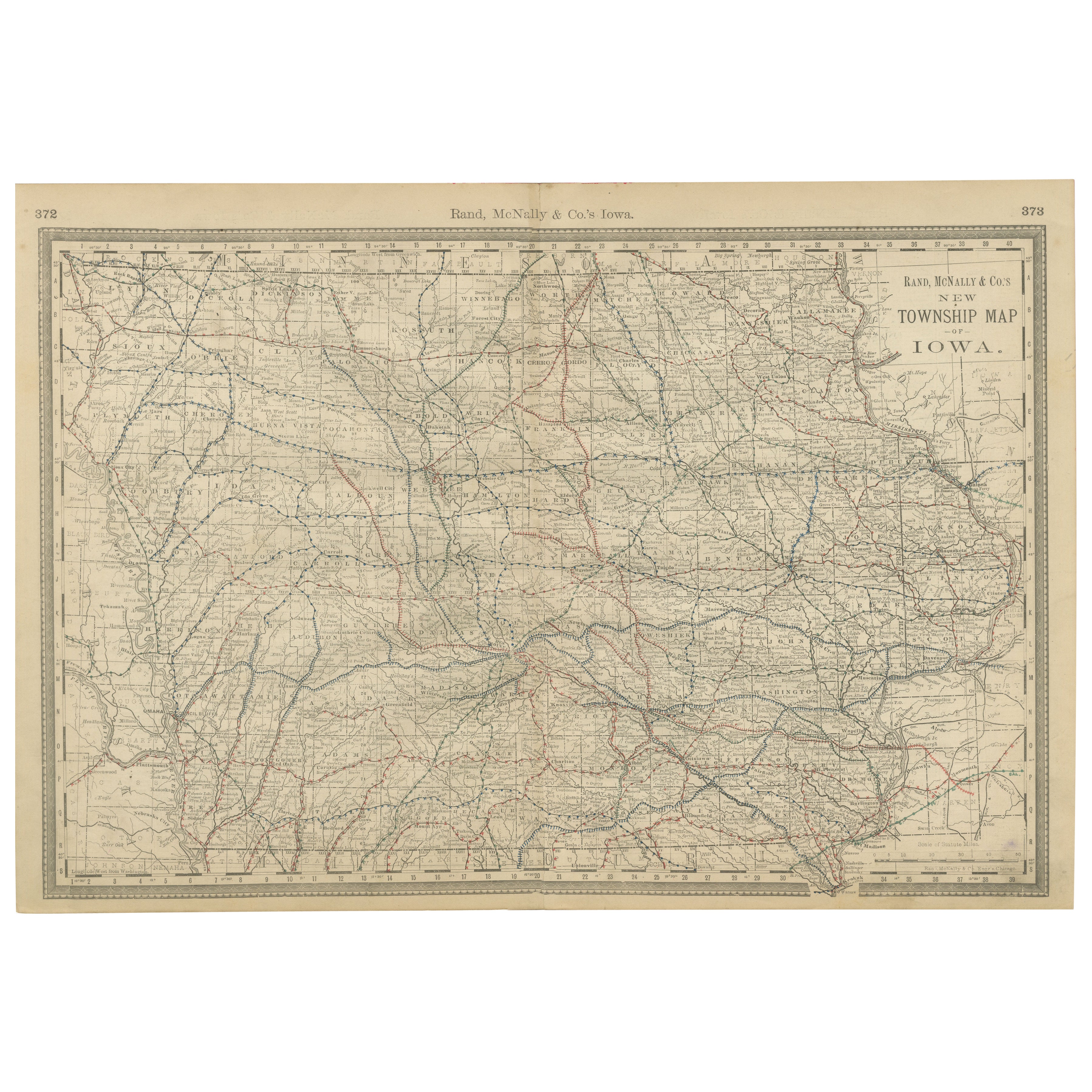 Antique Map of Iowa – The Hawkeye State with Railroads & Townships, 1888