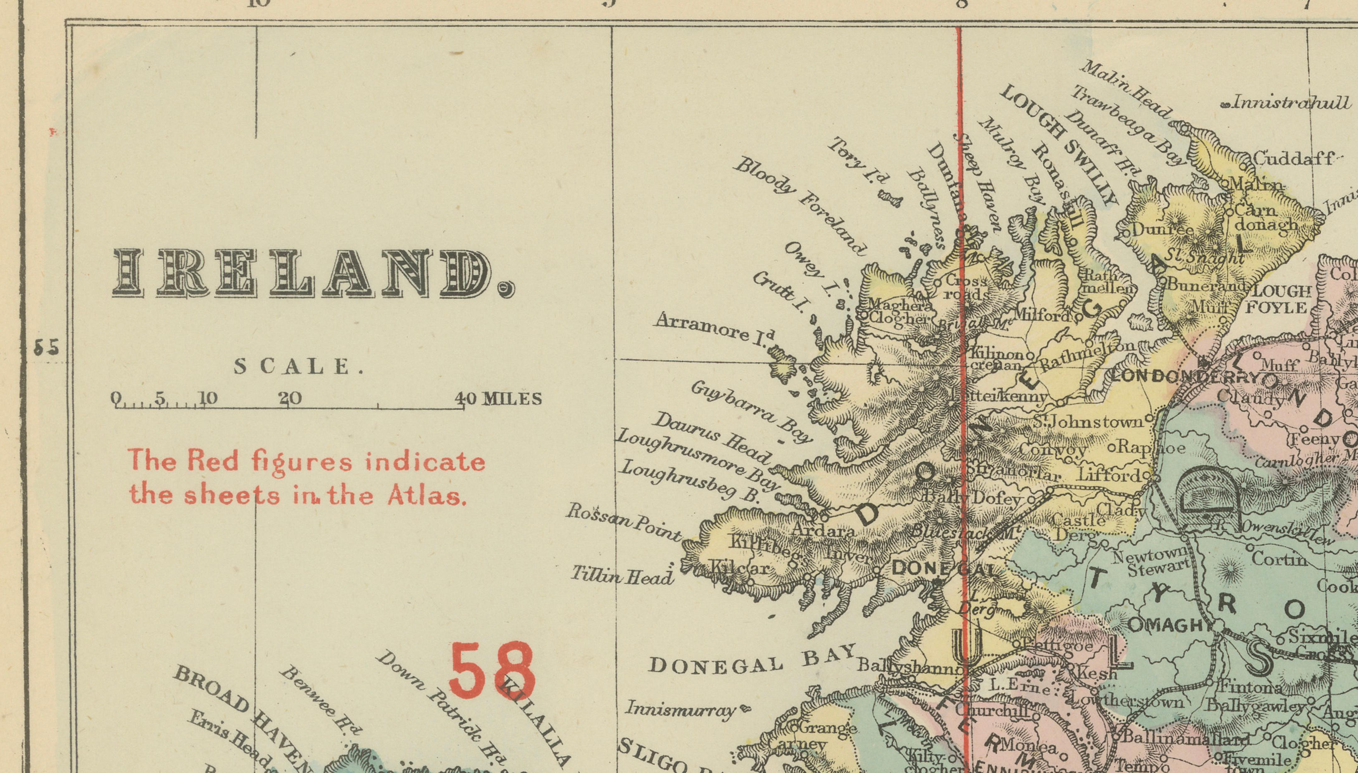 Antique Map of Ireland, 1885 – County Colors, Railways & Coastal Detail
