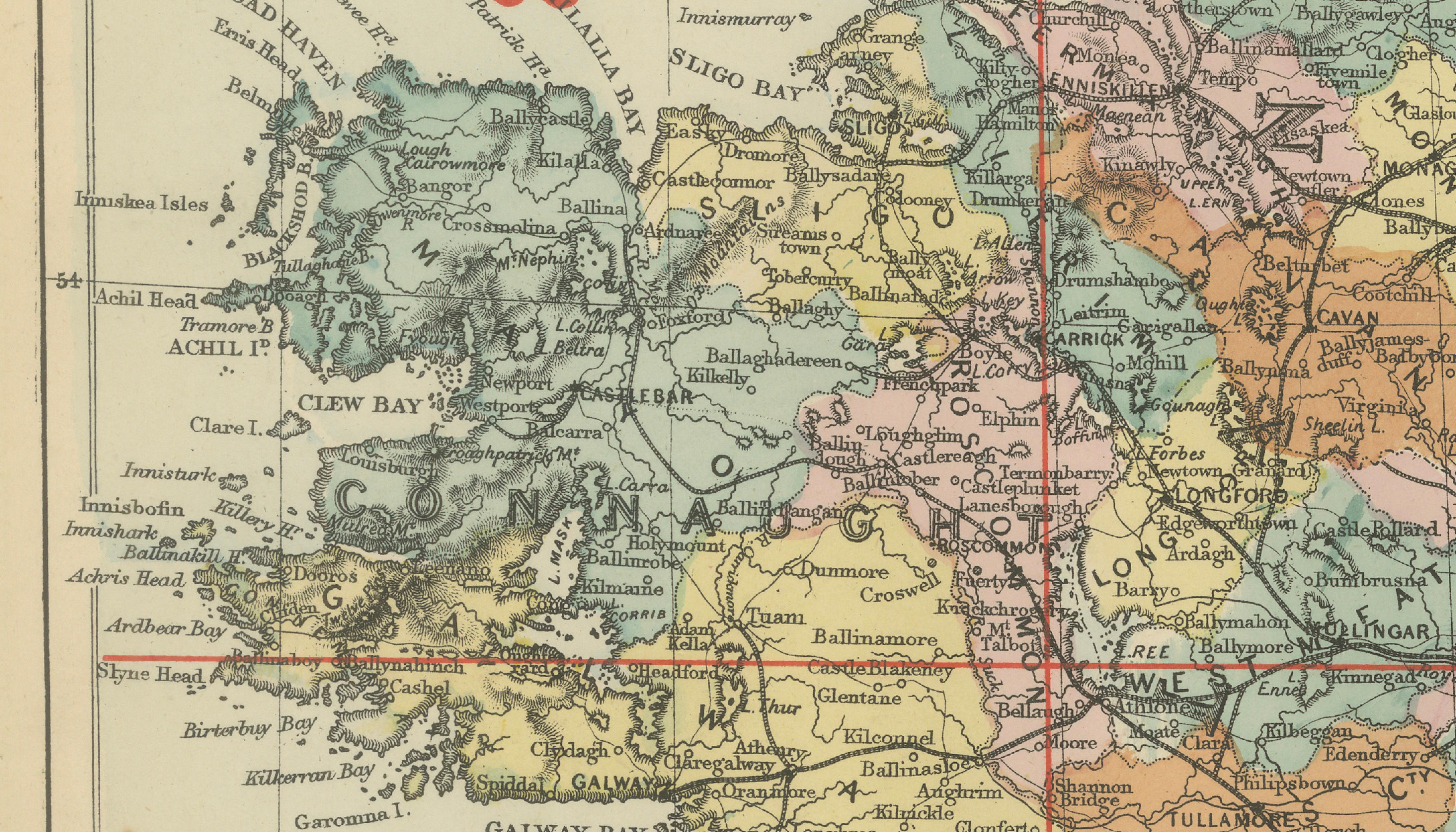 Antique Map of Ireland, 1885 – County Colors, Railways & Coastal Detail