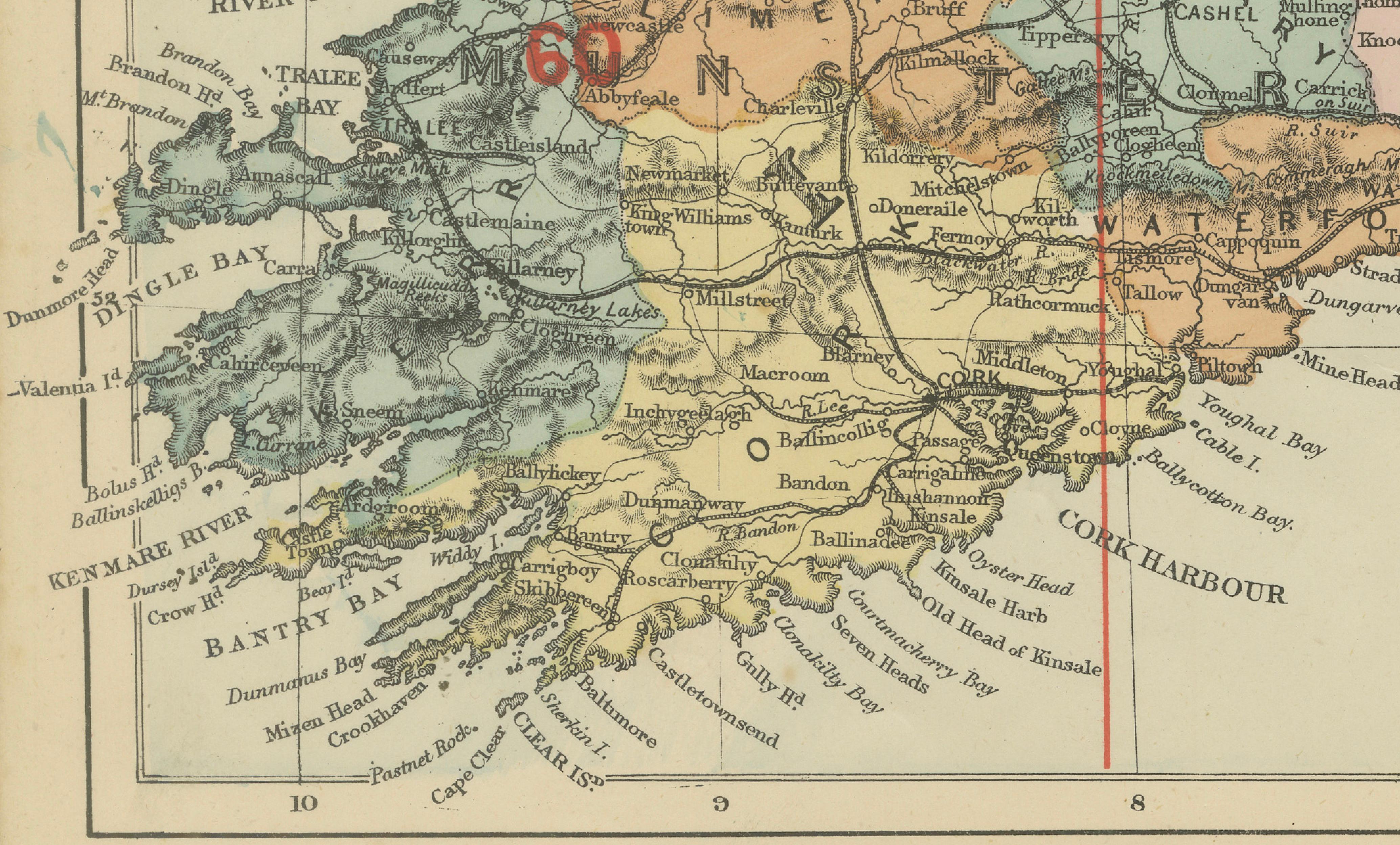 Antique Map of Ireland, 1885 – County Colors, Railways & Coastal Detail