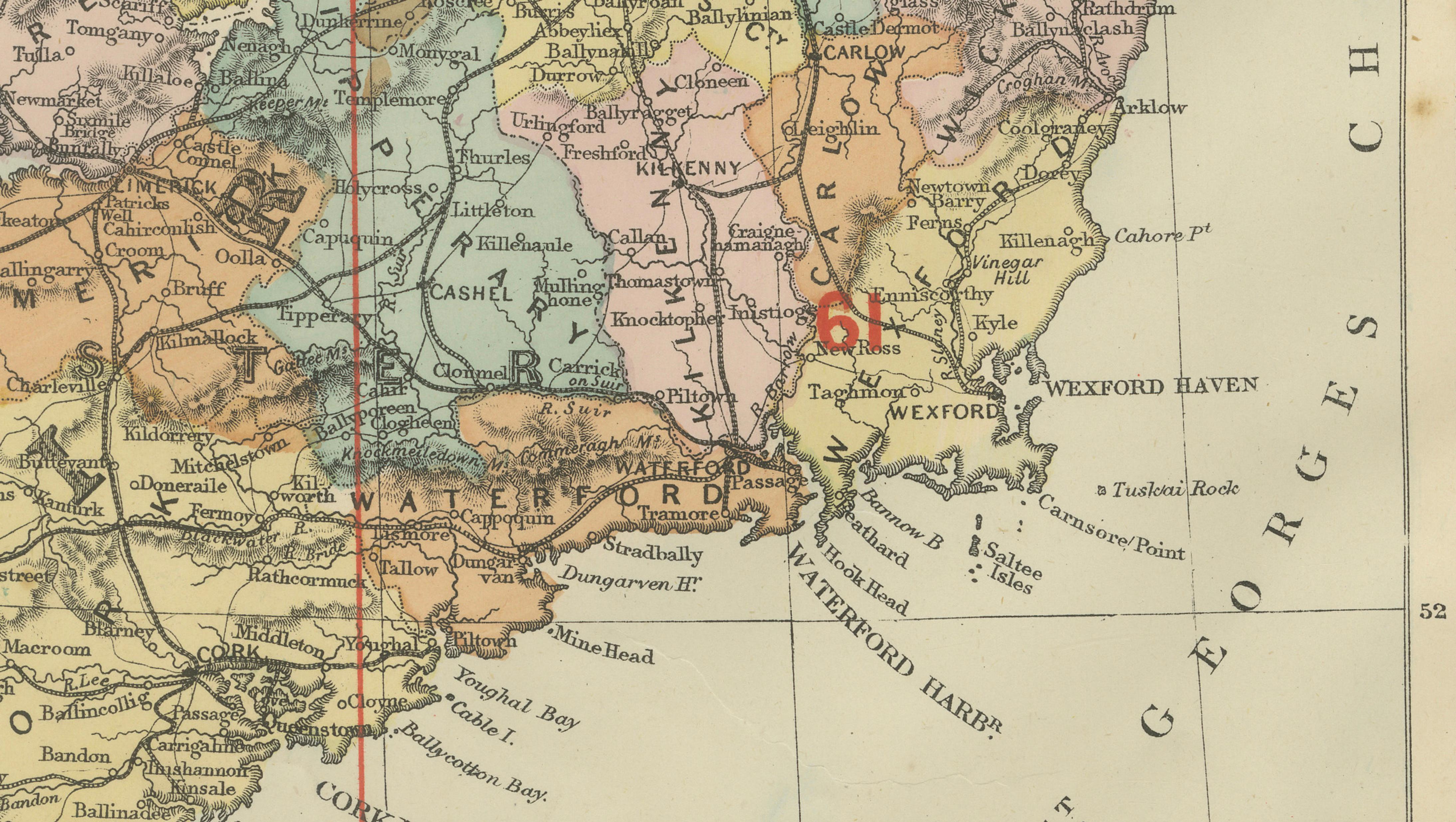 Antique Map of Ireland, 1885 – County Colors, Railways & Coastal Detail