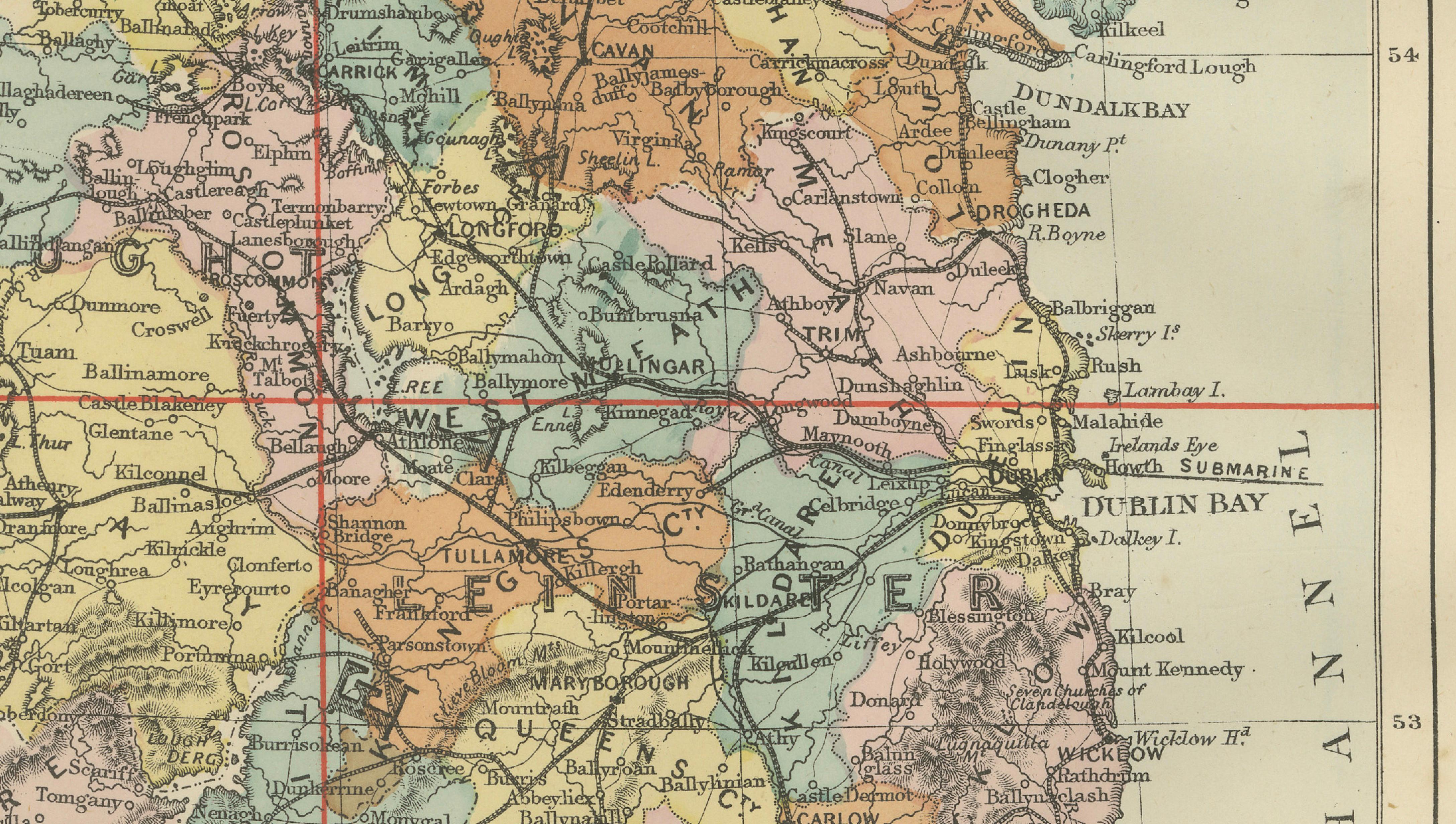 Antique Map of Ireland, 1885 – County Colors, Railways & Coastal Detail