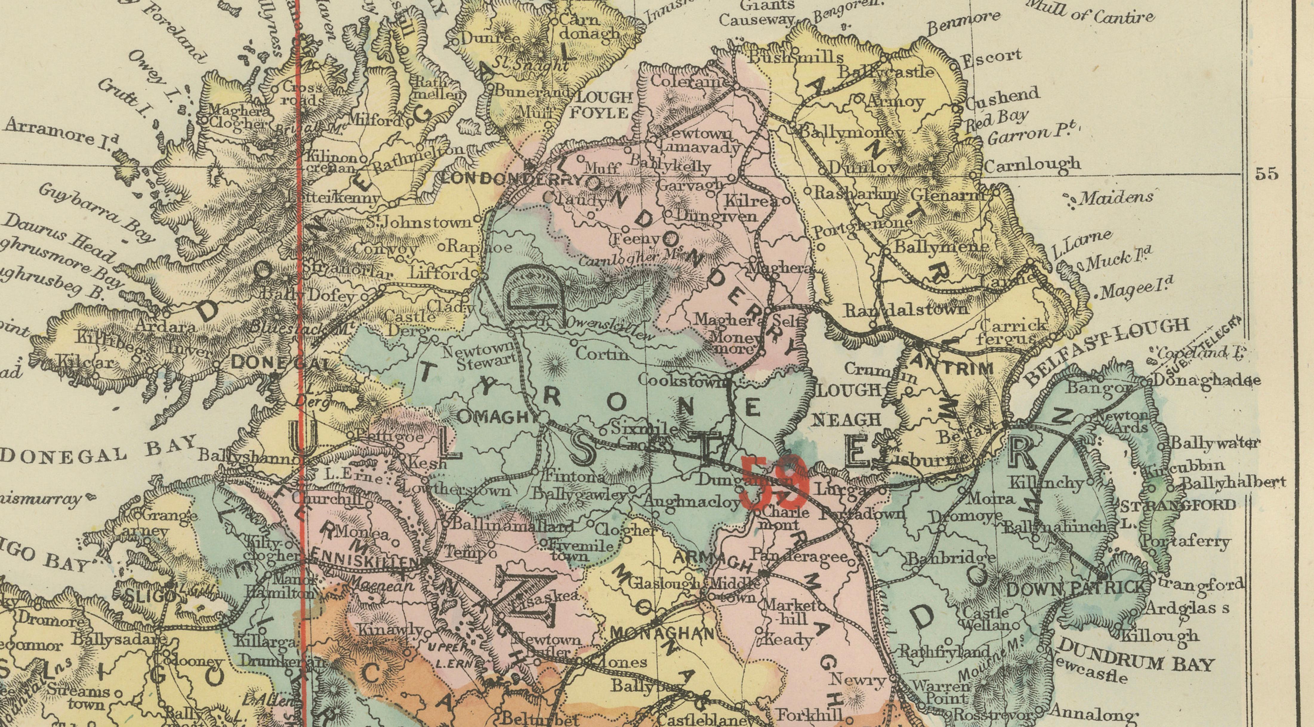 Antique Map of Ireland, 1885 – County Colors, Railways & Coastal Detail