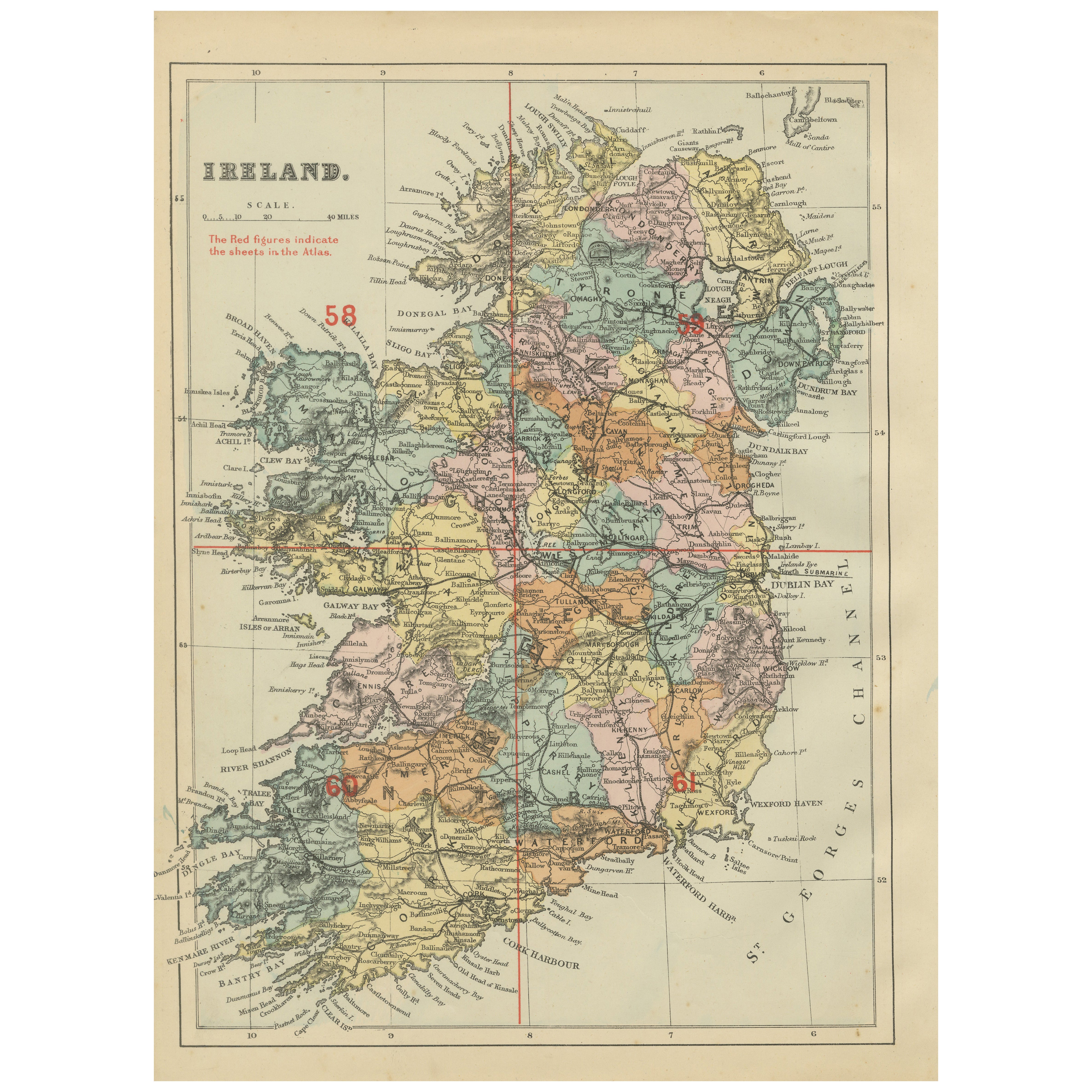 Mapa antiguo de Irlanda, 1885 - Colores de los condados, ferrocarriles y detalles de la costa