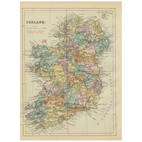 Antique Map of Ireland, 1885 – County Colors, Railways & Coastal Detail