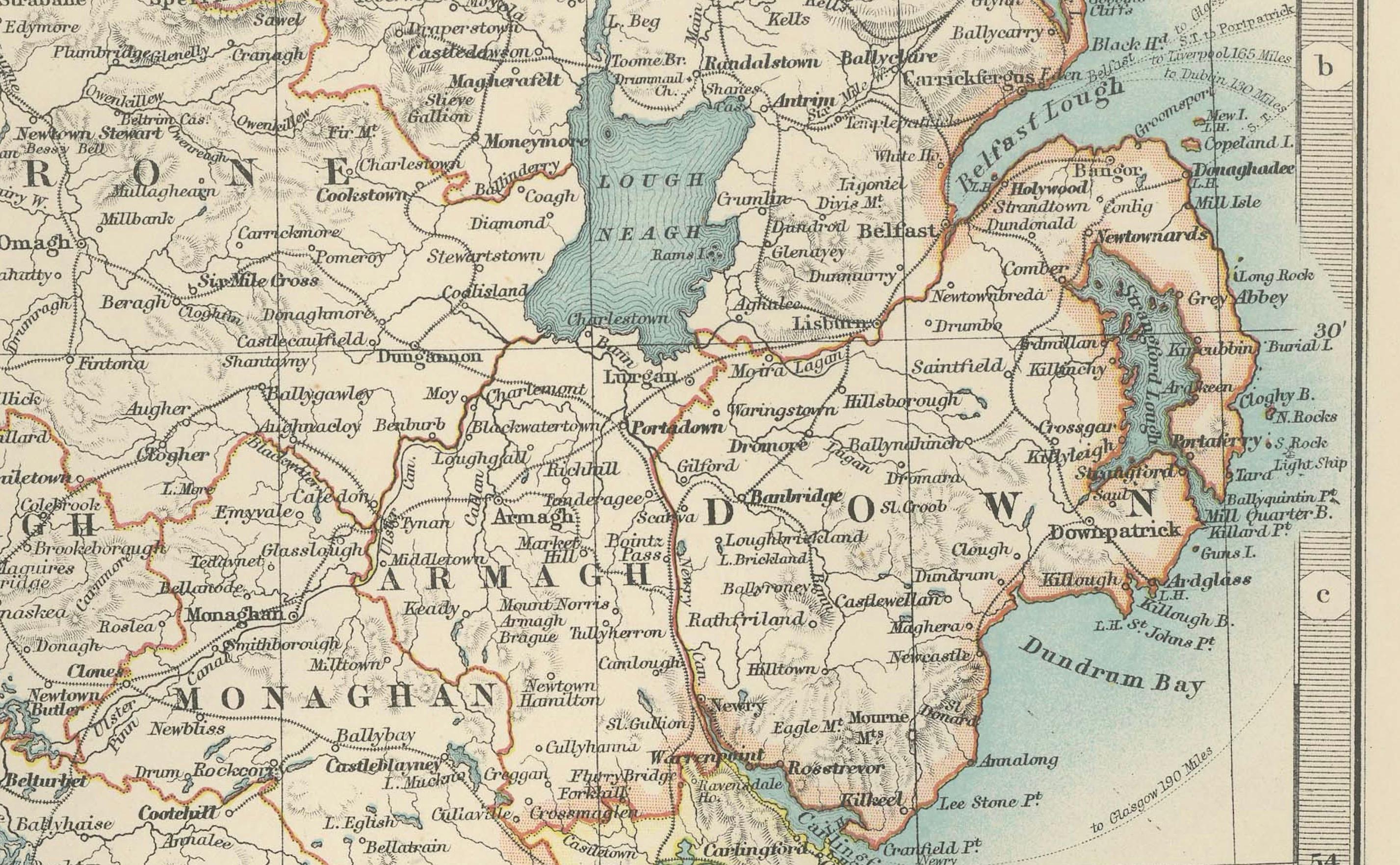 Titre : Carte ancienne de l'Irlande, 1903, avec des limites de comtés complexes et des détails côtiers

Description :
Cette carte ancienne de l'Irlande, gravée et publiée en 1903 par les estimés W. & A.K. Johnston à Édimbourg et à Londres, est un