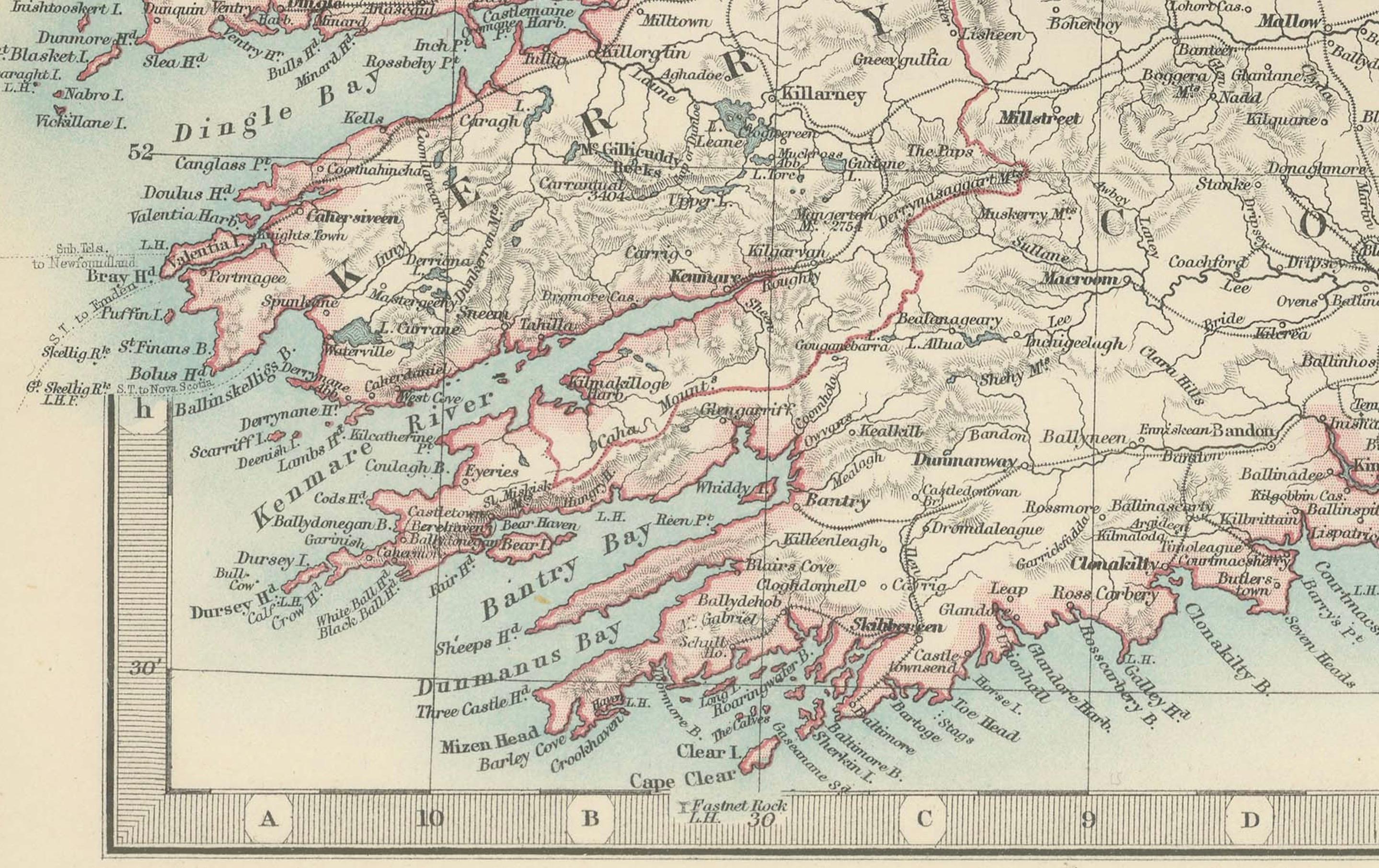 Papier Carte ancienne de l'Irlande, 1903, avec les limites complexes des comtés et les détails côtiers en vente