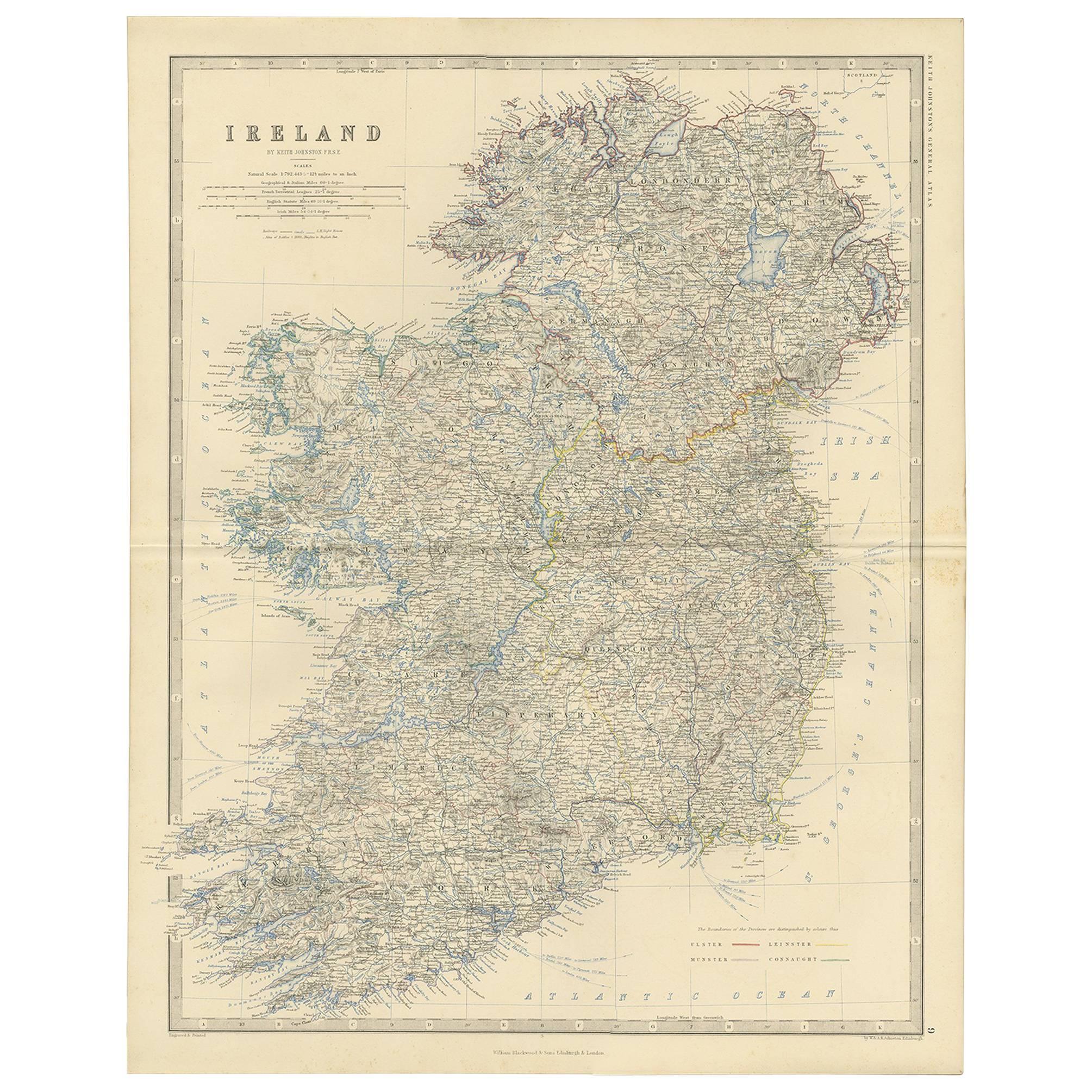 Antique Map of Ireland by A.K. Johnston, 1865