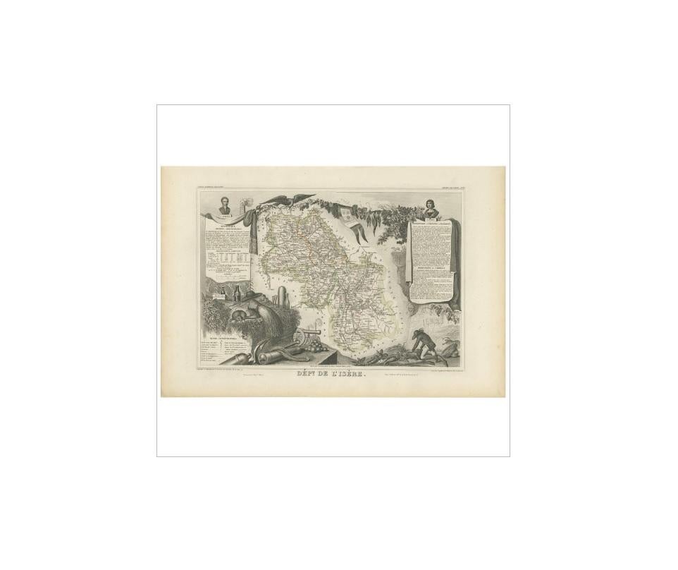 Antique map titled 'Dépt. de l'Isère'. Map of the French department Isere. It is presented with a statistic description, information about the territory, curiosities and famous people, production and trade. The map is surrounded by portraits of