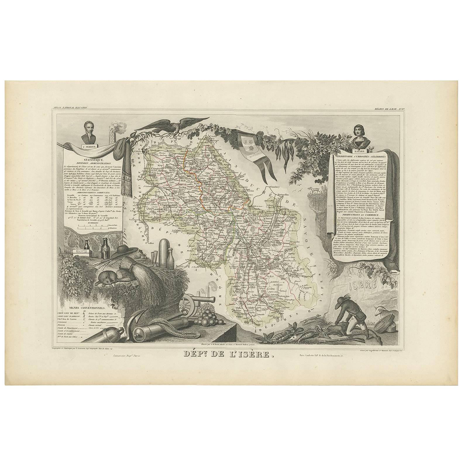 Antique Map of Isère ‘France’ by V. Levasseur, 1854 For Sale