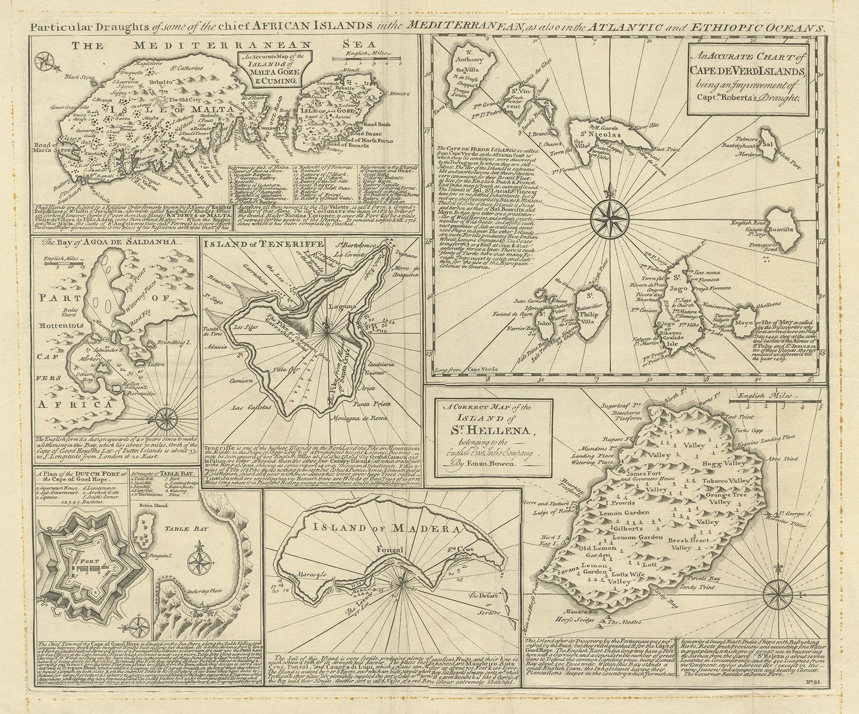 Antike Karte mit dem Titel 'Particular Draughts of some of the chief African Islands (..)'. Acht kleine Karten auf einem Blatt, darunter 'Islands of Malta Goze & Cuming, An Accurate Chart of Cape de Verde Islands..., Island of St Helena..., Island