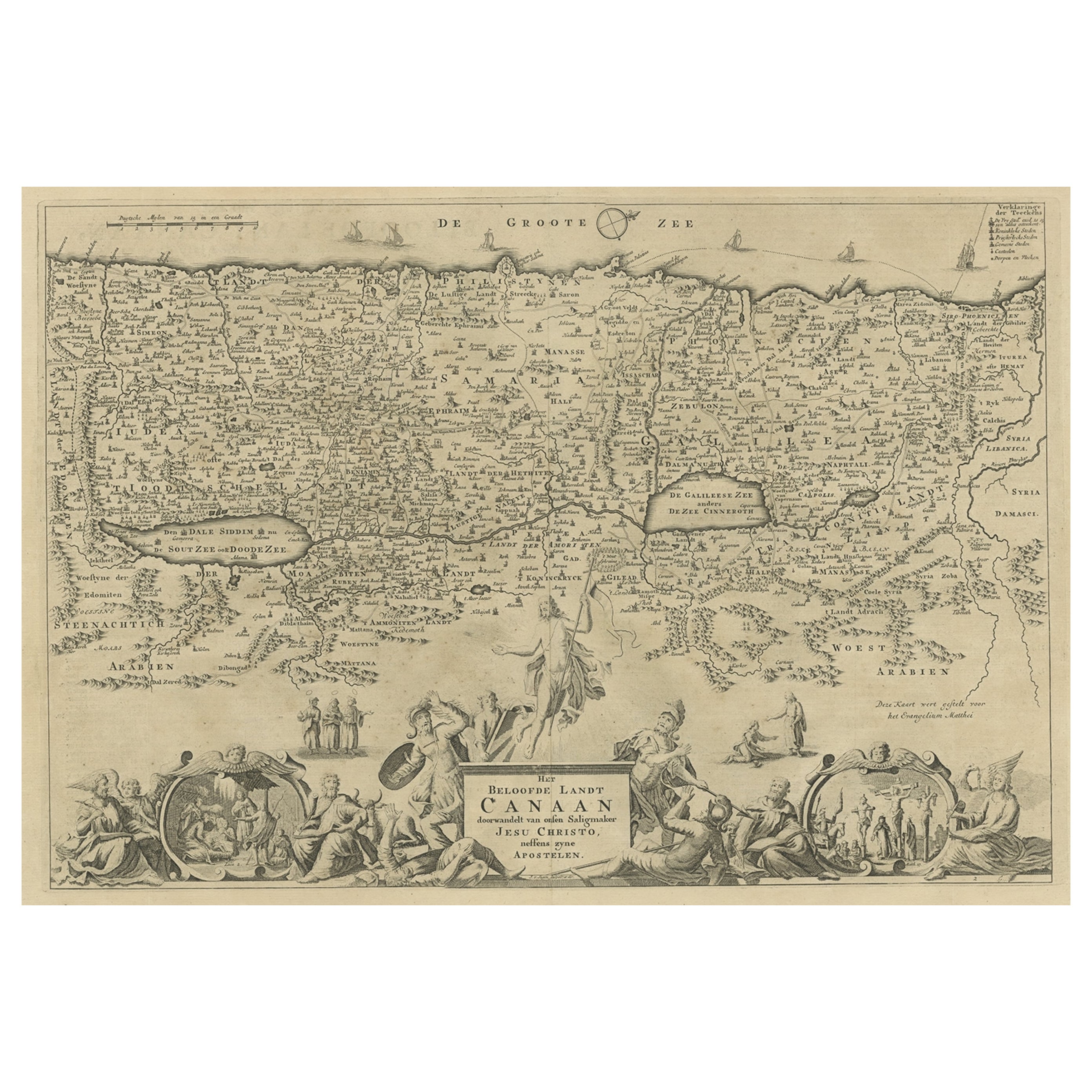 Carte ancienne d'Israël remplie de scènes bibliques, publiée en 1748