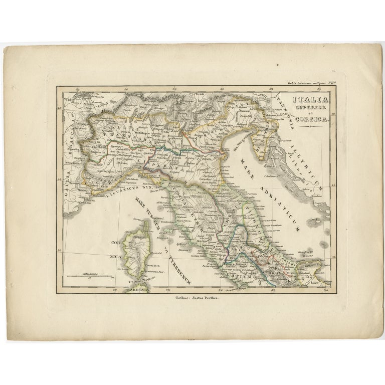 Antique map titled 'Italia Superior et Corsica'. 

Old map of northern Italy and Corse originating from 'Orbis Terrarum Antiquus in usum Scholarum'. Artists and Engravers: Published by Justus Perthes, 1848.

Artist: Published by Justus Perthes,