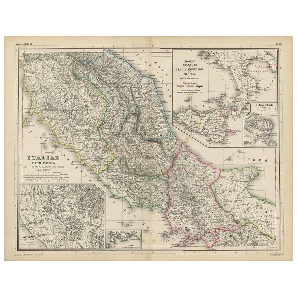 Antique Map of Italy and Greece by H. Kiepert, circa 1870