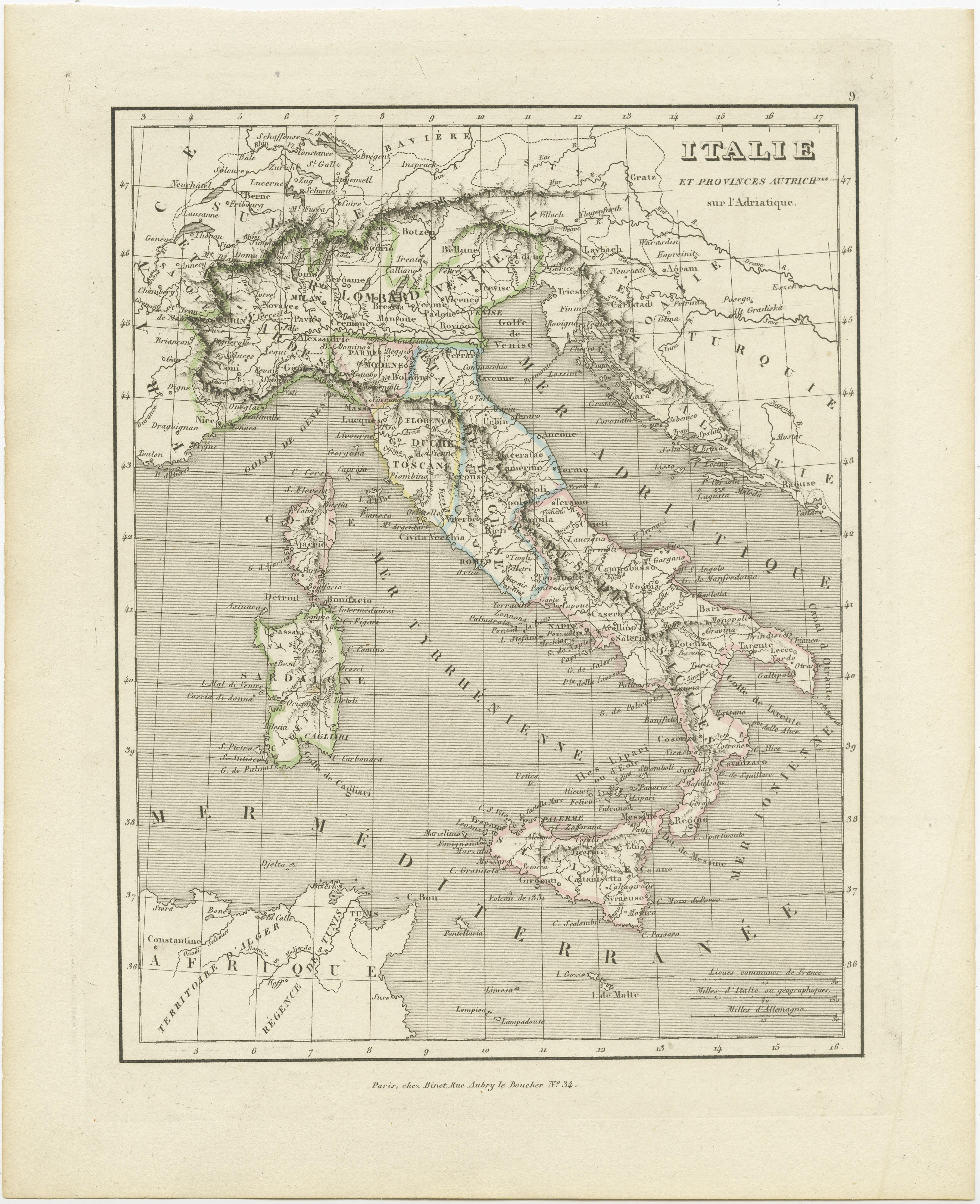 Antique map titled 'Italie et Provinces Autrichnes sur l'Adriatique'. Original old map of Italy and surroundings. Also shows Sicily and Sardinia. Originates from 'Dictionnaire Universel de Geographie (..)'. Published by Binet, circa 1842.