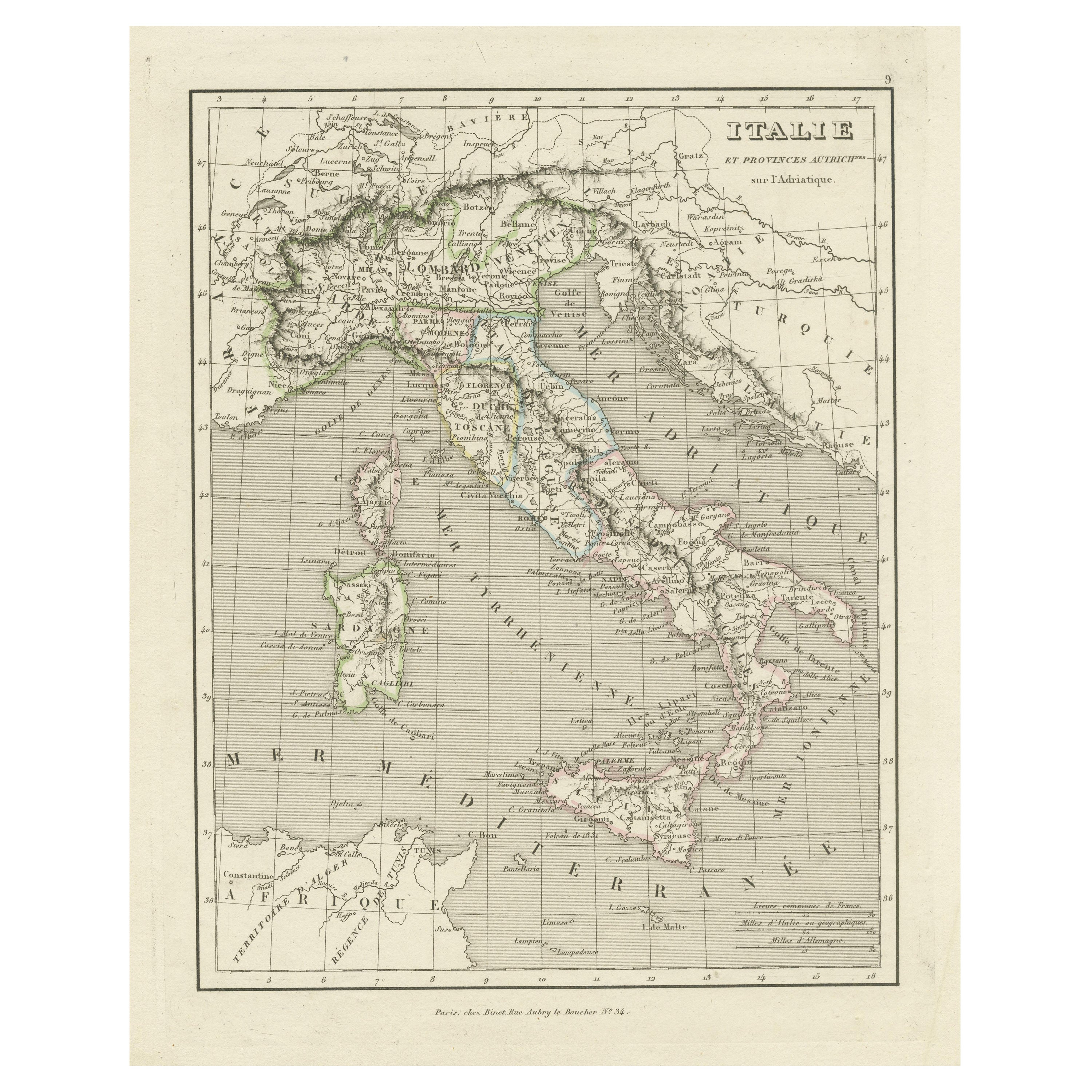 Mapa antiguo de Italia y otras regiones cercanas al mar Adriático