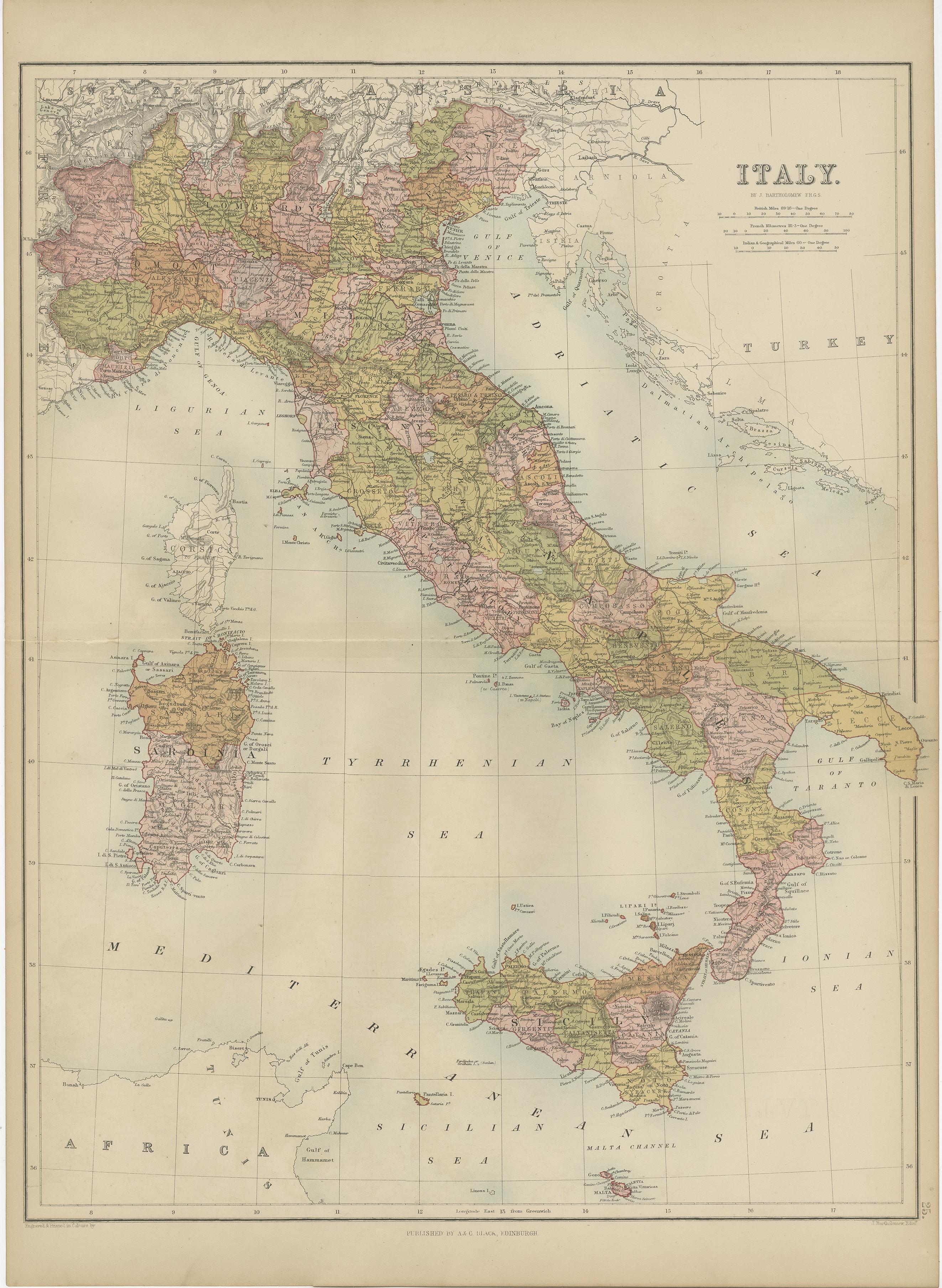 Antique map titled 'Italy'. Original antique map of Italy. This map originates from ‘Black's General Atlas of The World’. Published by A & C. Black, 1870.