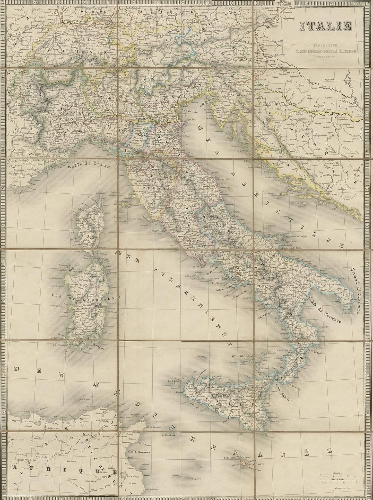 Antique folding map of Italy titled 'Italie'. Detailed map of Italy. The map originates from 'Atlas Universel' and is mounted on linen.