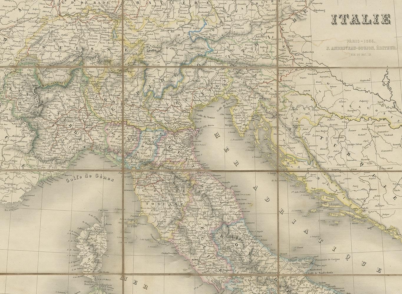 Carte ancienne d'Italie par Andriveau-Goujon, 1855 Bon état - En vente à Langweer, NL