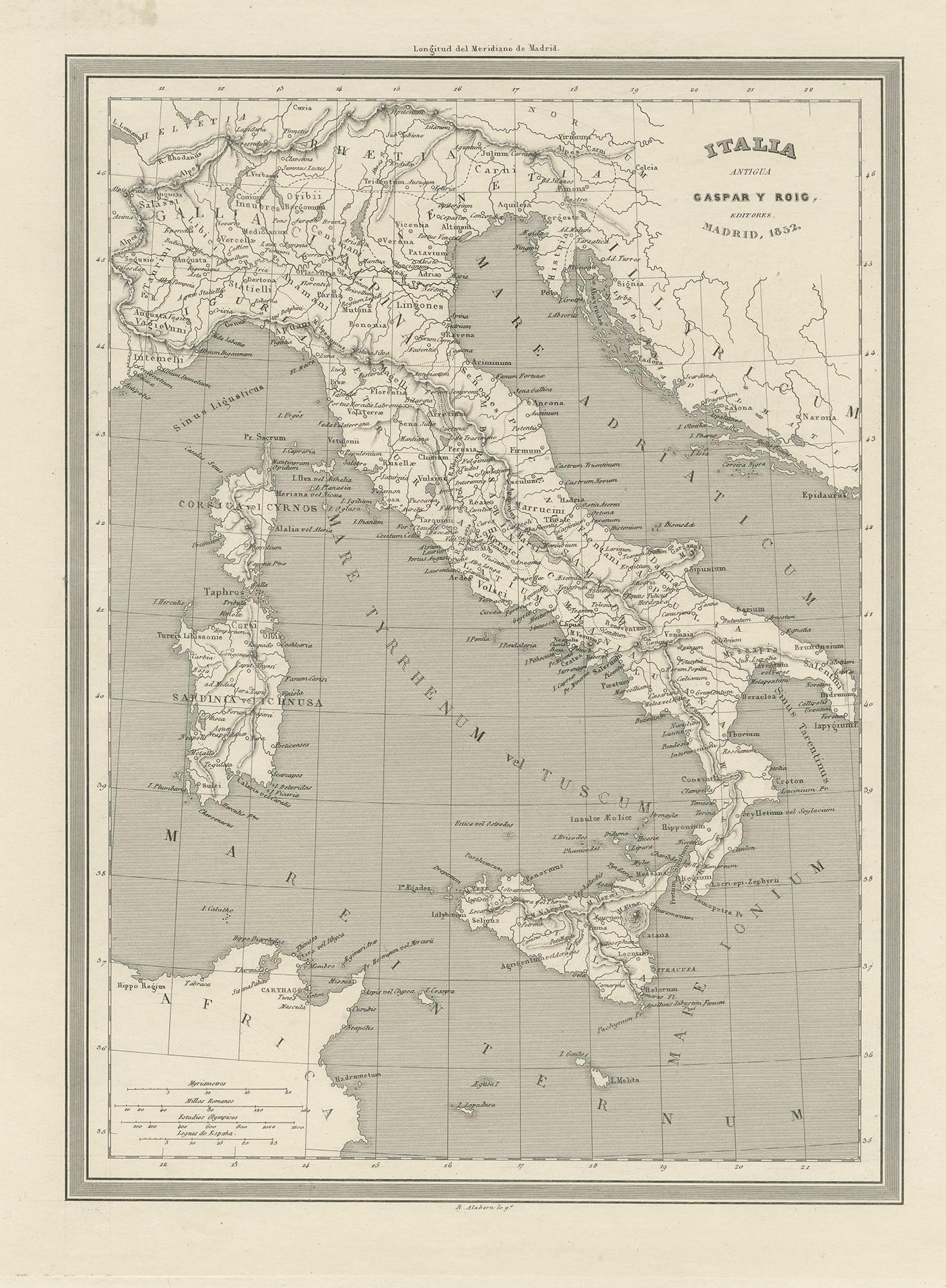 Antique map titled 'Italia Antigua'. Antique map of Italy by Gaspar y Roig, published in 1852.