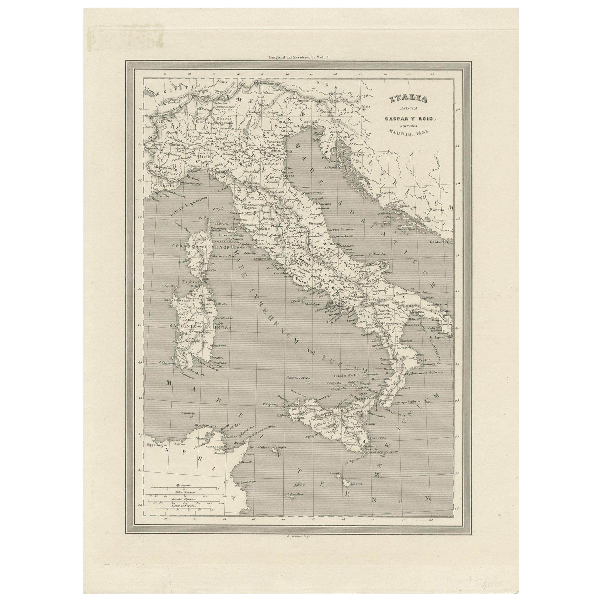 Antique Map of Italy by Gaspar y Roig, 1852