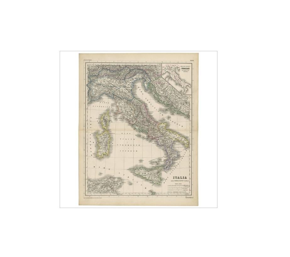 Antique map titled 'Italia'. This map originates from 'Atlas Antiquus. Zwölf Karten zur Alten Geschichte' by H. Kiepert. Published in Berlin, circa 1870.