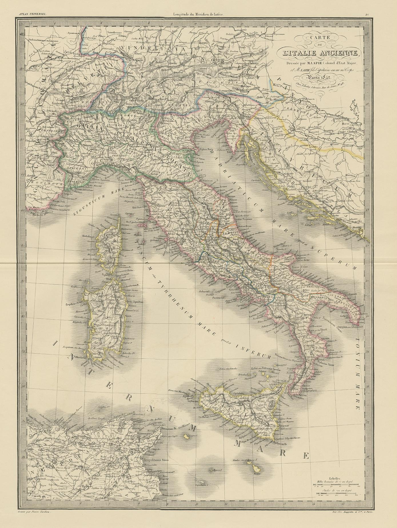 Antique map titled 'Carte de l'Italie Ancienne'. Map of Italy. This map originates from 'Atlas universel de géographie ancienne et moderne (..)' by Pierre M. Lapie and Alexandre E. Lapie. Pierre M. Lapie was a French cartographer and engraver. He