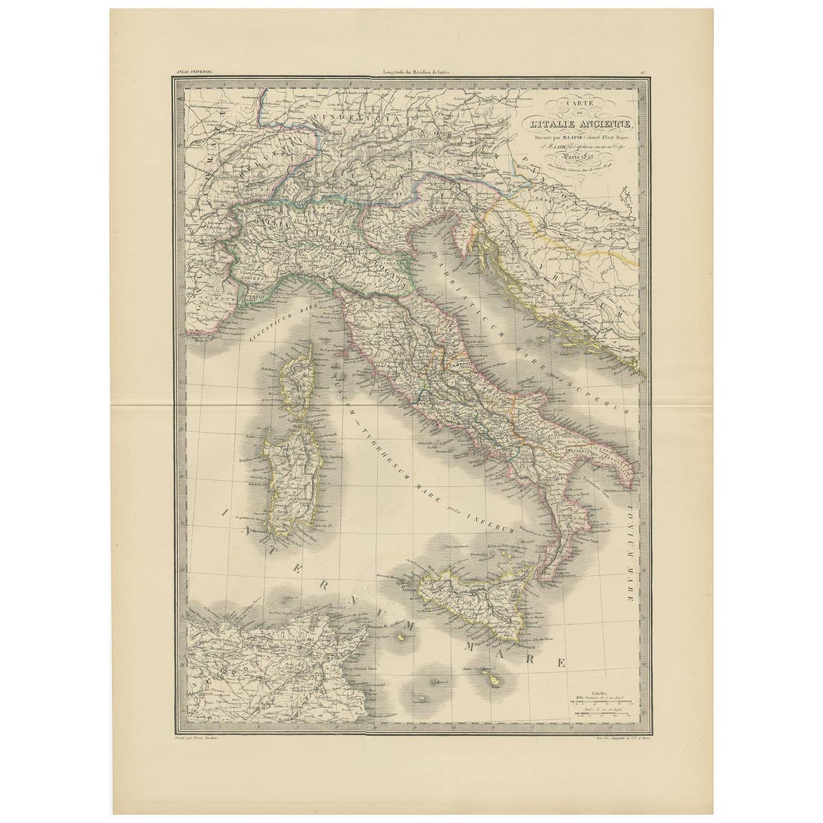 Antique Map of Italy by Pierre M. Lapie, Paper Print, Mid-19th Century
