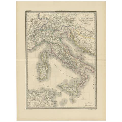Antique Map of Italy by Pierre M. Lapie, Paper Print, Mid-19th Century