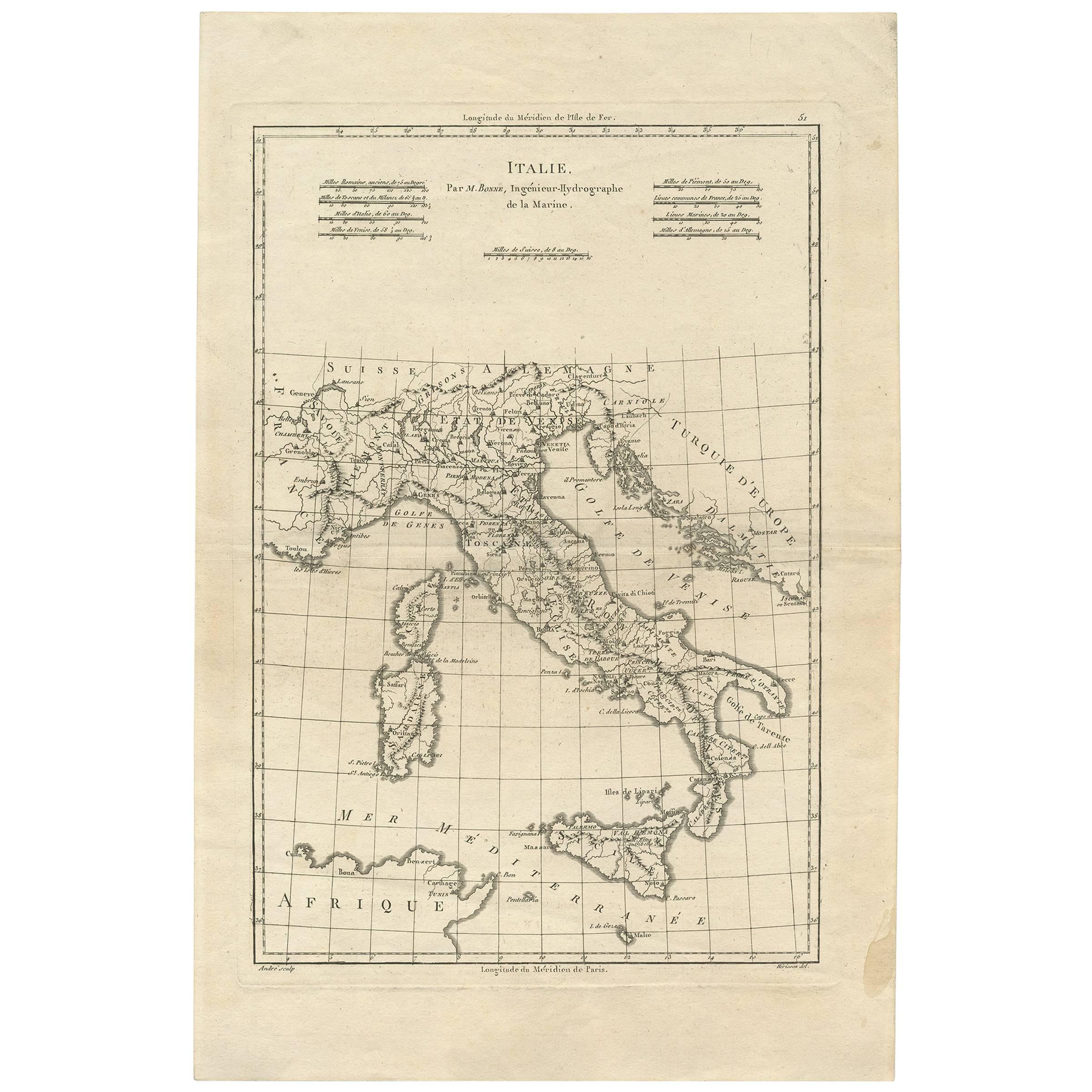 Carte ancienne de l'Italie par R. Bonne, circa 1780